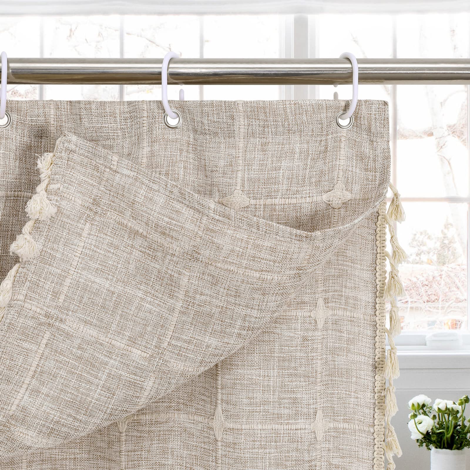 MitoVilla Boho Farmhouse Swag Shower Curtain  Cotton Linen Cloth Fabric Shower Curtain Set with Elegant Valance and 2 Tie Backs for Vintage Country Bathroom Decor  Tan Brown  72 x 72