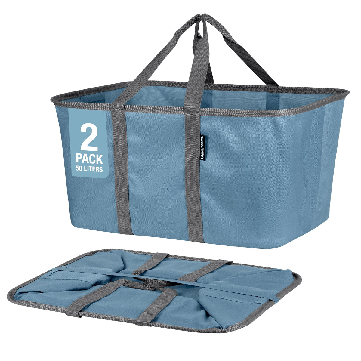 Clevermade Collapsible Laundry Tote, Denim/Charcoal 2Pk - 50L (13 Gal) Collapsible Laundry Baskets With Sturdy Pop-Up Wire Frame