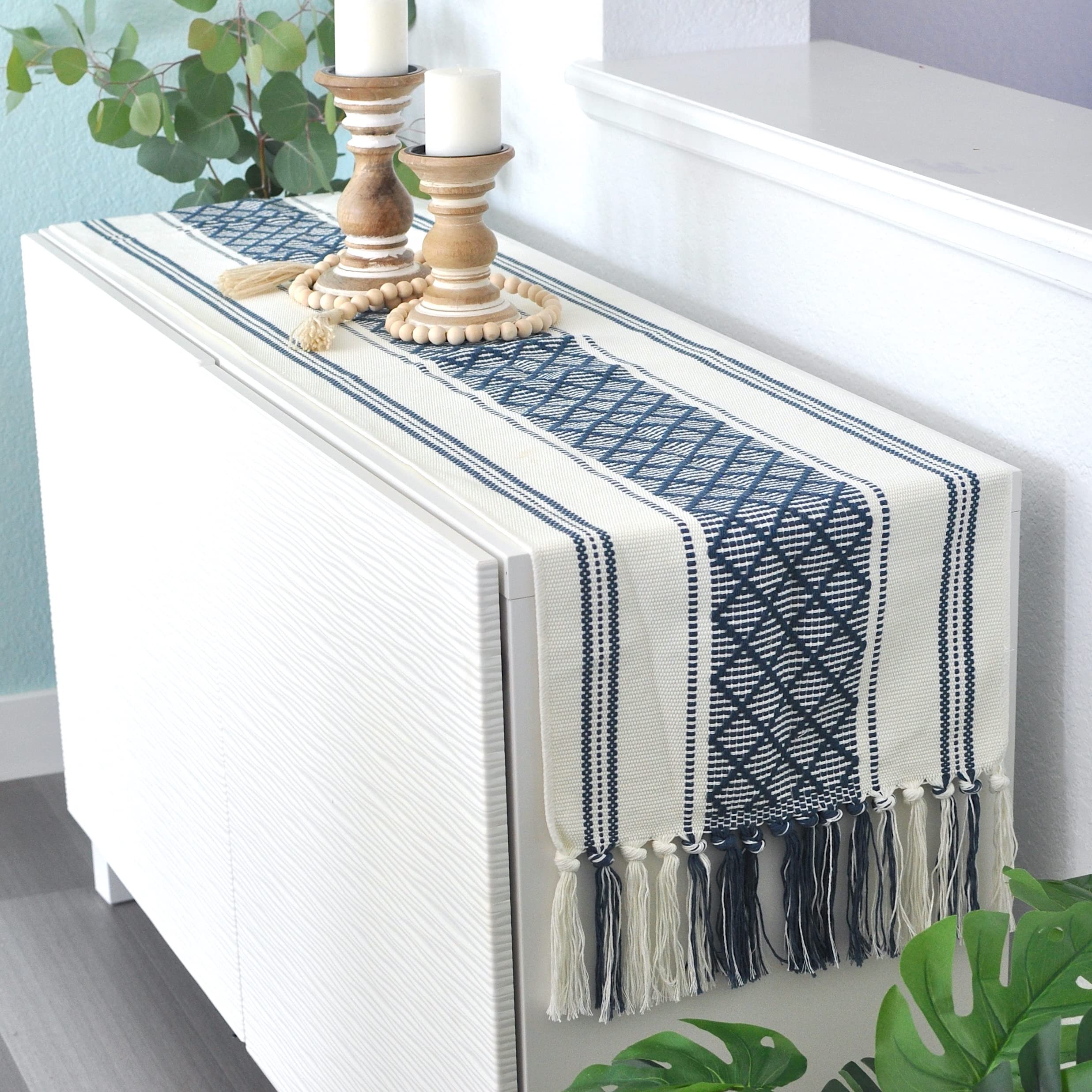 Boho Small Coffee Or Dining Table Runner With Tassels 14 X 48 Inches, Blue & Cream | Woven Washable Dresser Scarf For Bedroom |