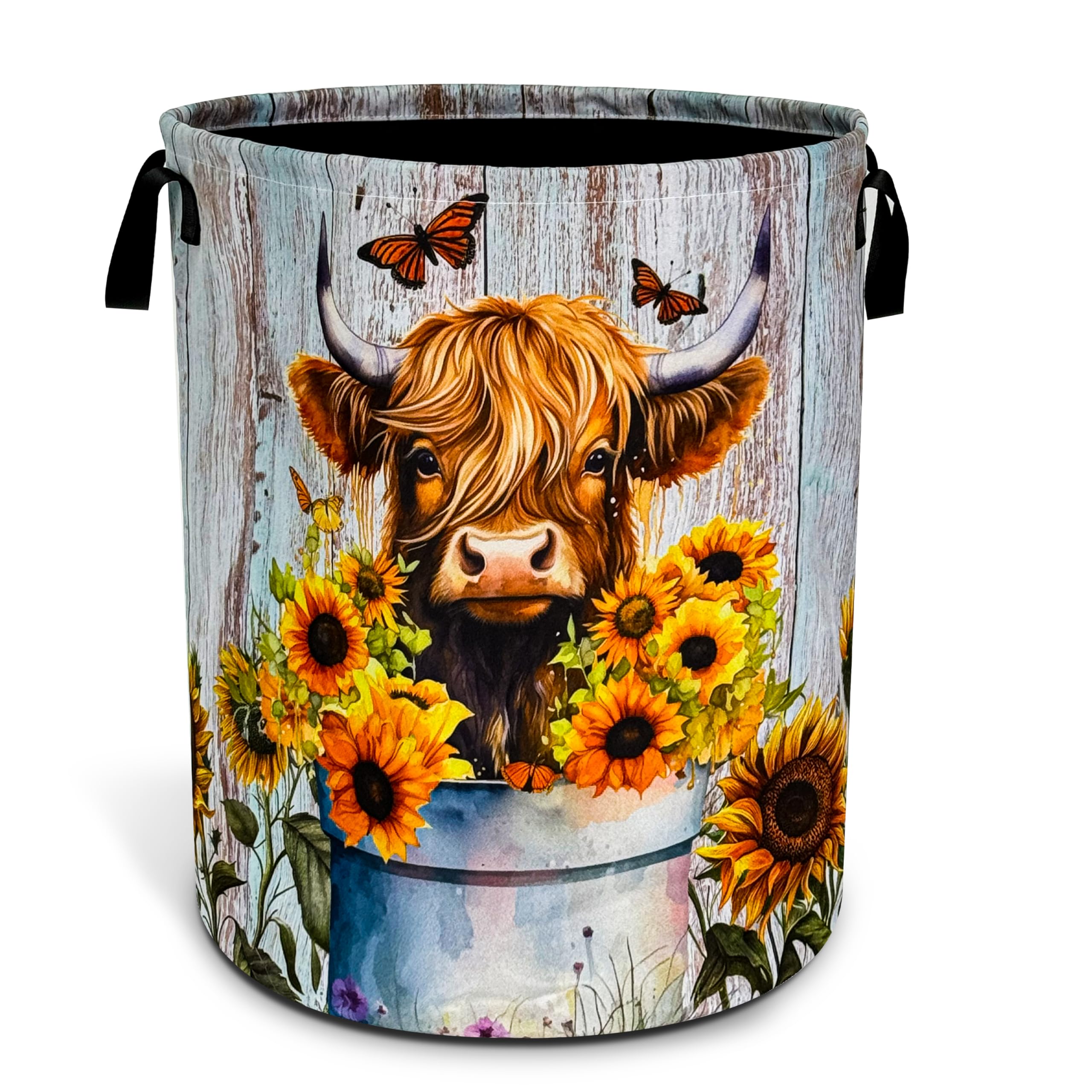 Nutainla Highland Cow Sunflower Laundry Basket Animal Foldable Oxford Cloth Funny Tote Bag Laundry Hamper Clothes Storage Bucket