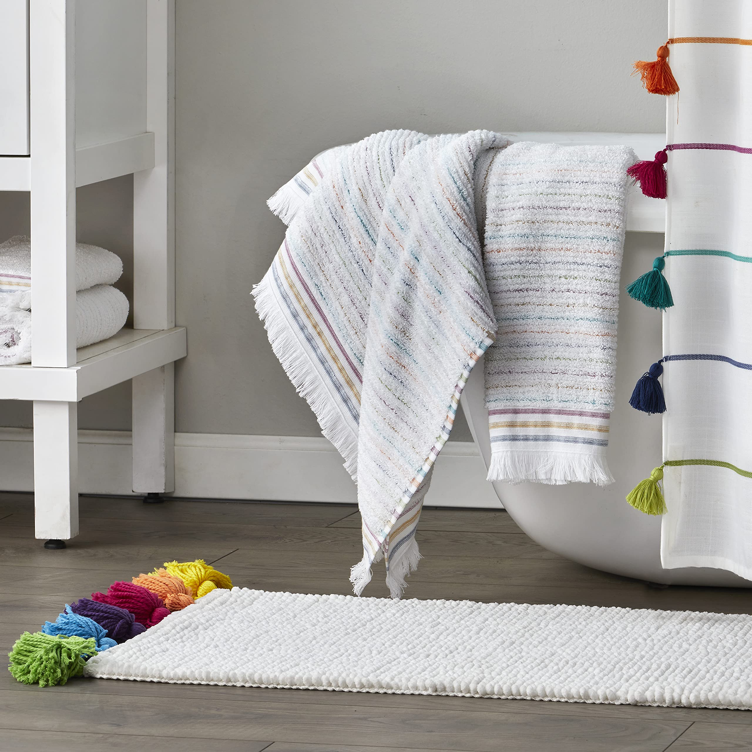 Skl Home Subtle Stripe 100% Turkish Cotton Hand Towel (2-Pack), White/Multi