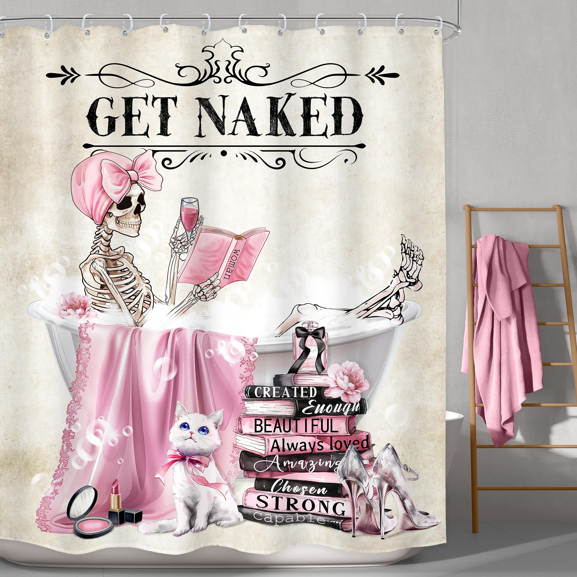 Lghtyro Skull Skeleton Fashion Pink Shower Curtain Bathroom Set 60Wx71H Inches Girly Funny Gothic Halloween Bathing In Bathtub C