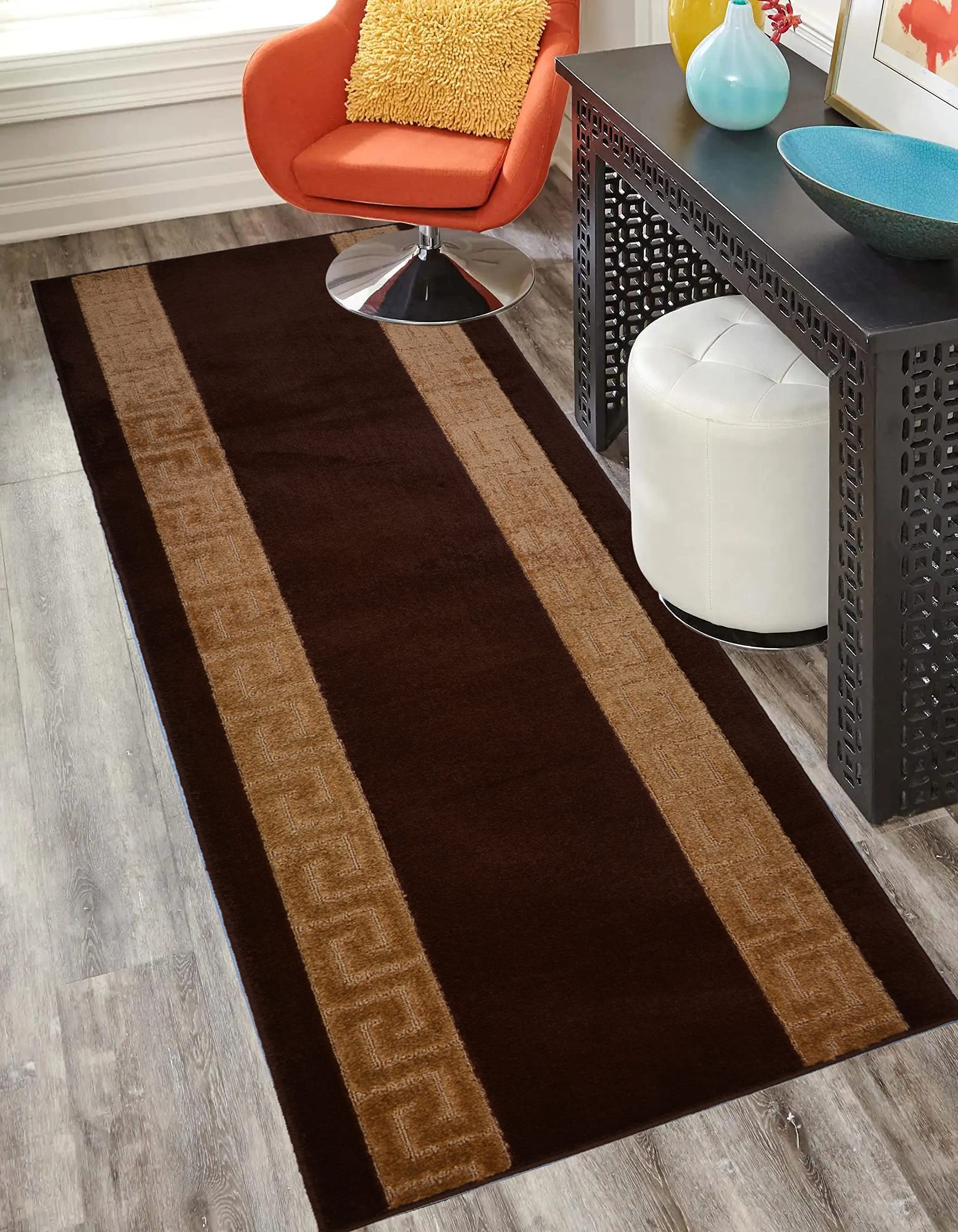 Washable Custom Size Runner Rug Meander Design Brown Beige, (25 Feet Length x 26 Inch Width) Custom Cut Slip Resistant Rubber Ba