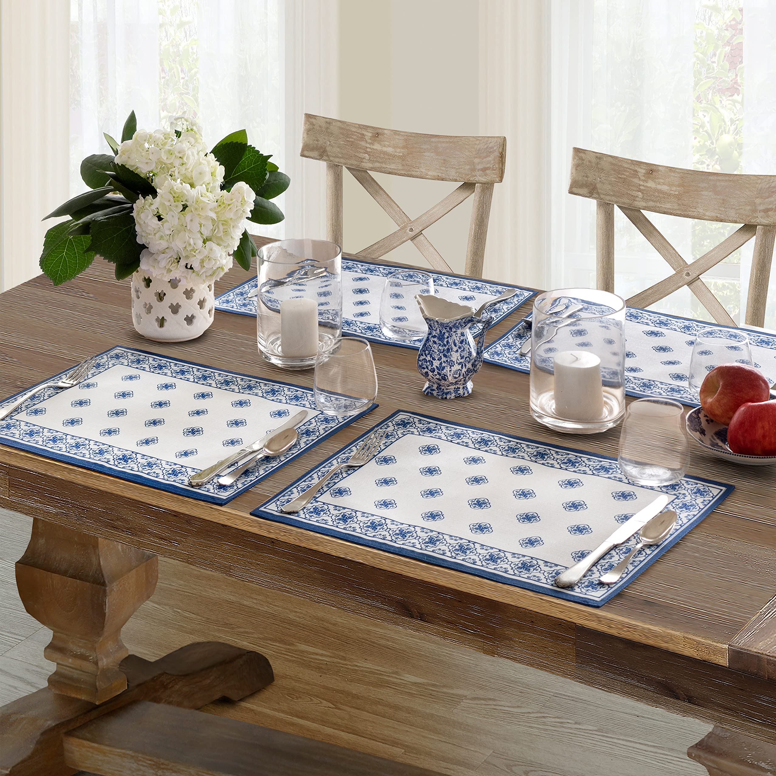 Newbridge Rectangle Fabric Placemats, Set Of 4 Placemats, Mykonos Blue Mediterranean, Indoor Outdoor Stain Resistant No-Iron Pla