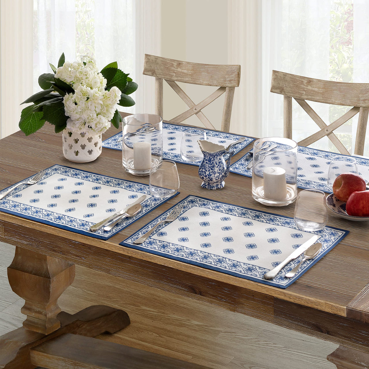 Newbridge Rectangle Fabric Placemats, Set Of 4 Placemats, Mykonos Blue Mediterranean, Indoor Outdoor Stain Resistant No-Iron Pla