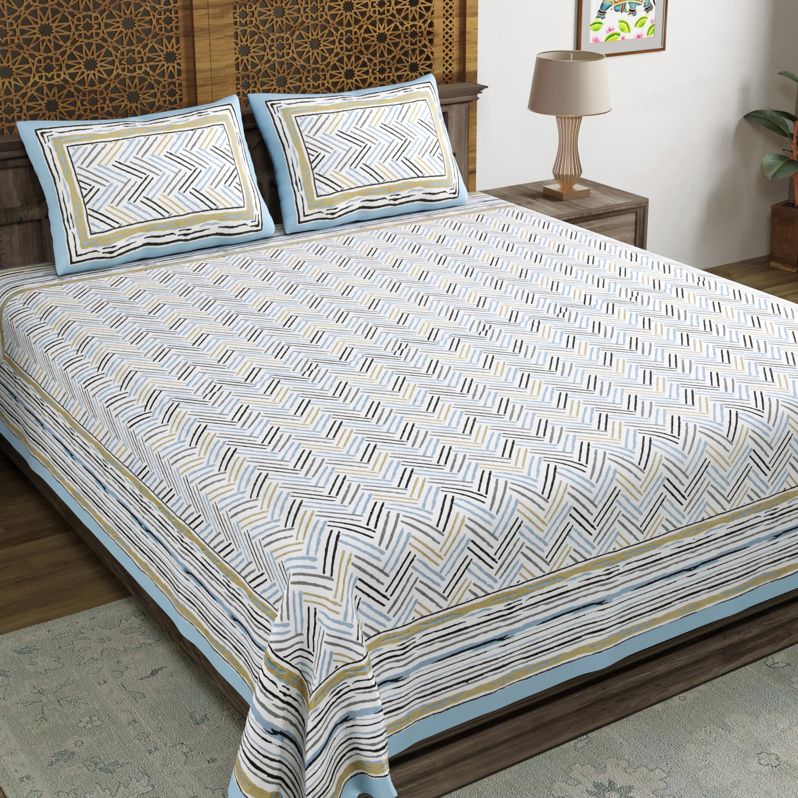 Blocks Of India Hand Block Printed 200 Tc Cotton Super King Size Bedsheet(106 X 106) (Multi 10)