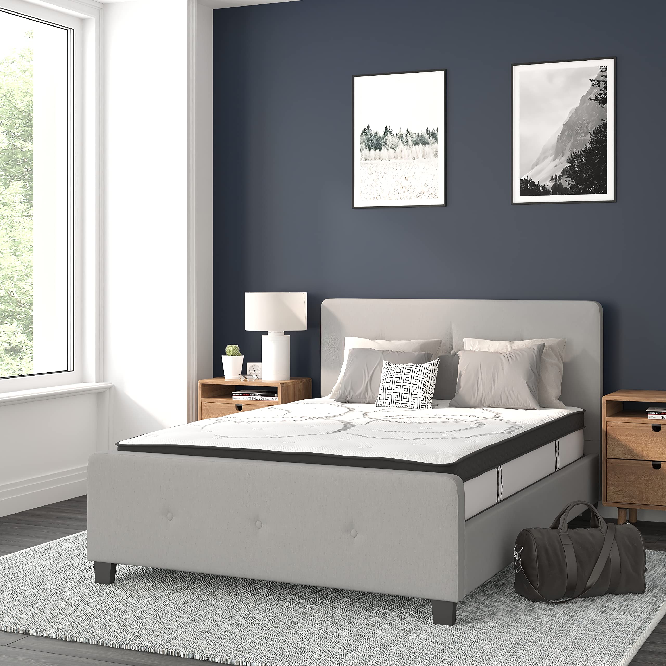 Flash Furniture Tribeca Full Size Tufted Upholstered Platform Bed in Light Gray Fabric with 10 Inch CertiPUR-US Certified Pocket