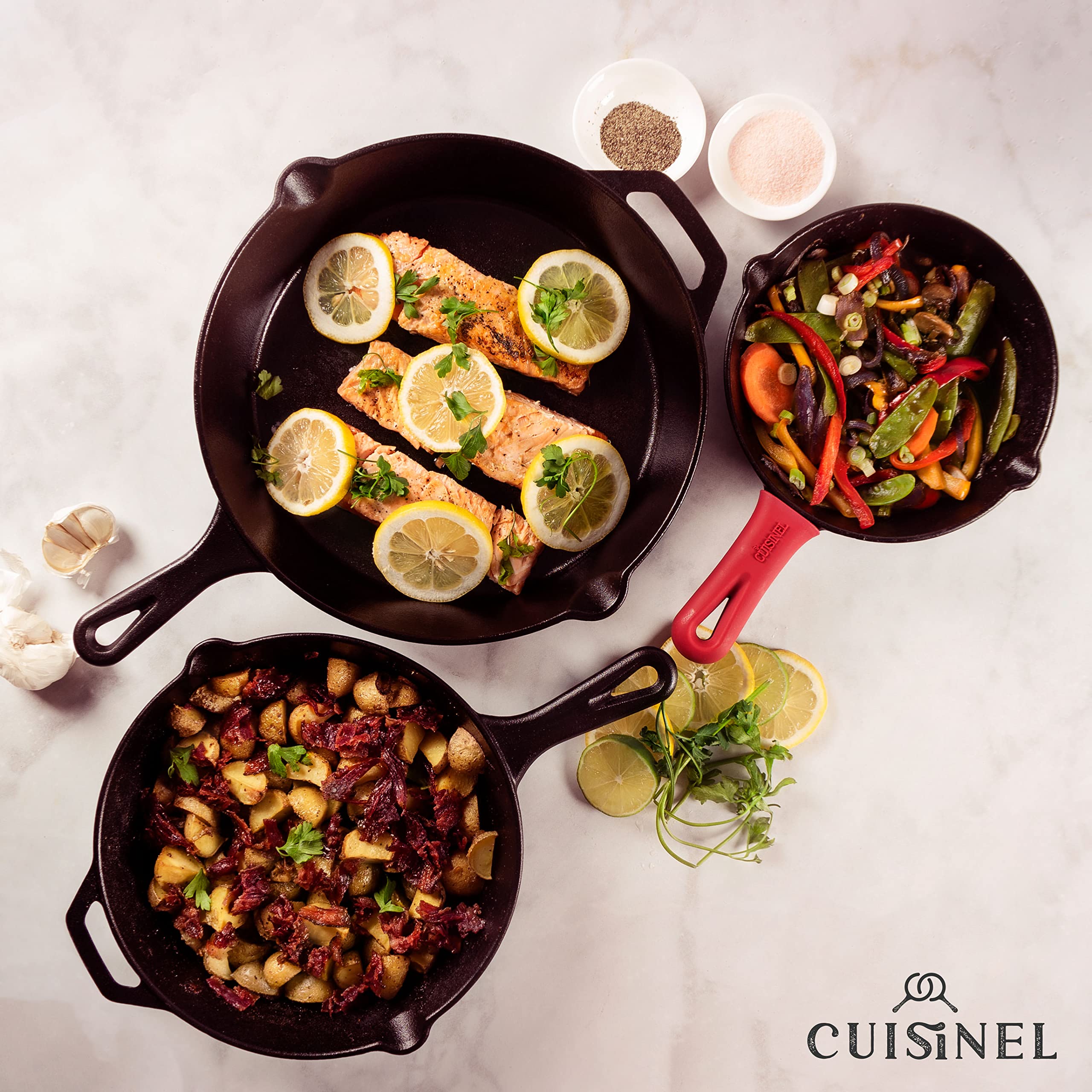 Cuisinel Cast Iron Skillet Set - 8 + 10 + 12-Inch Pre-Seasoned Frying Pans + Silicone Handle Grip Covers - Indooroutdoor, Oven,