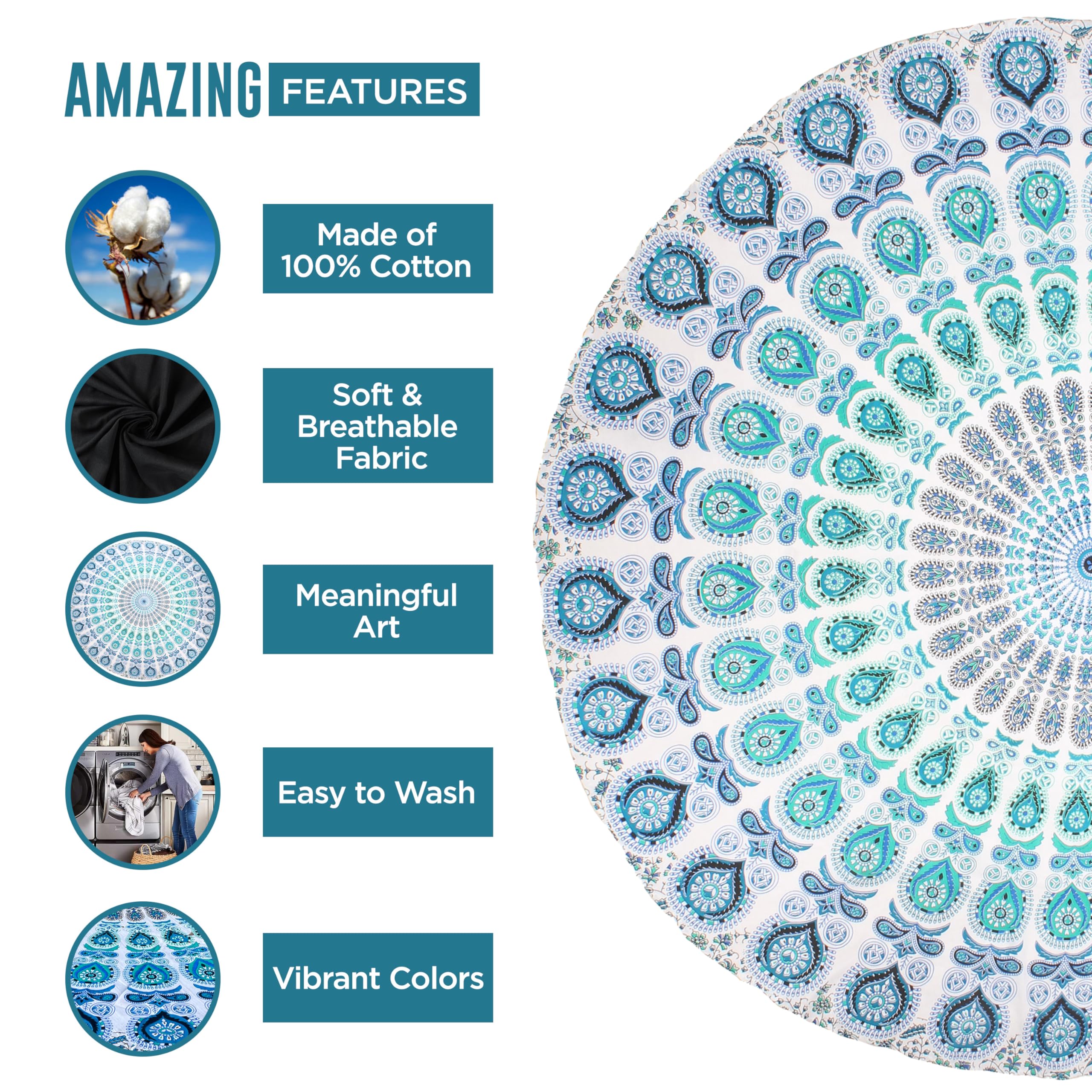 Raajsee White Blue Mandala Round Beach Tapestry Hippie/Boho Beach Blanket Roundie/Indian Cotton Throw Bohemian Round Table Cloth