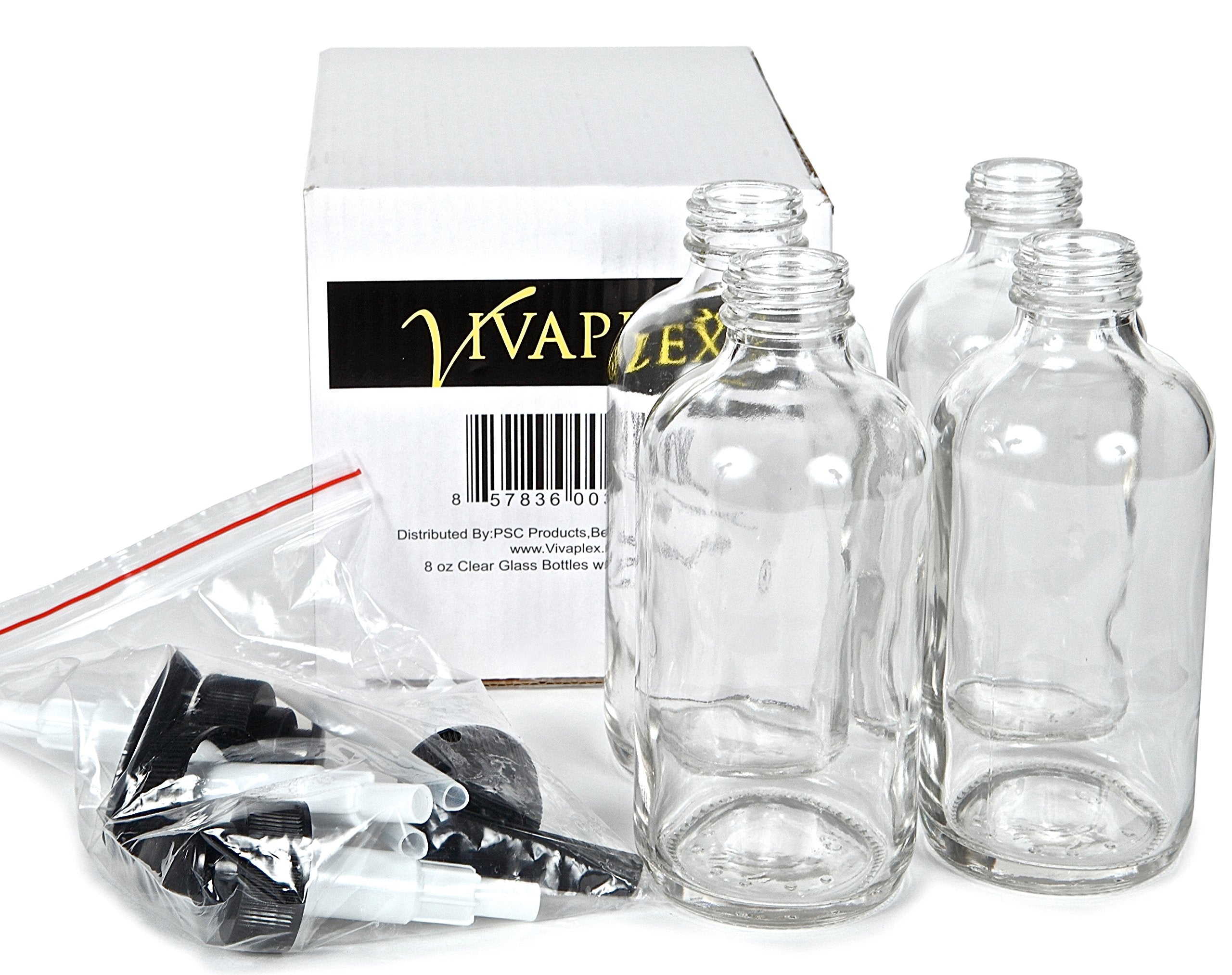 Vivaplex, 4, Large, 8 Oz, Empty, Clear Glass Bottles With Black Lotion Pumps