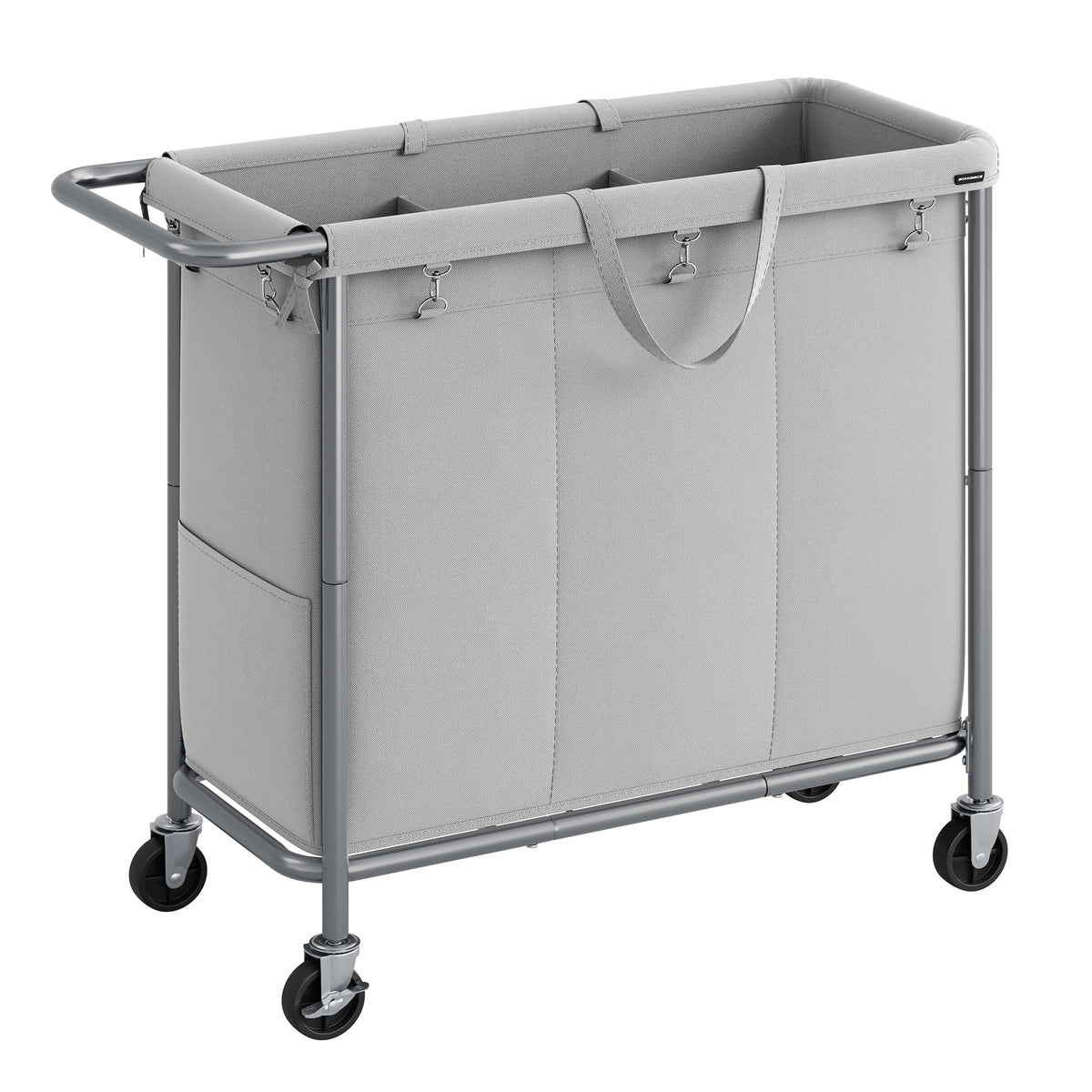 Songmics Laundry Basket With Wheels, 3-Section Rolling Laundry Hamper, 52.8 Gallons (200L), Removable Liner, Steel Frame With Ha
