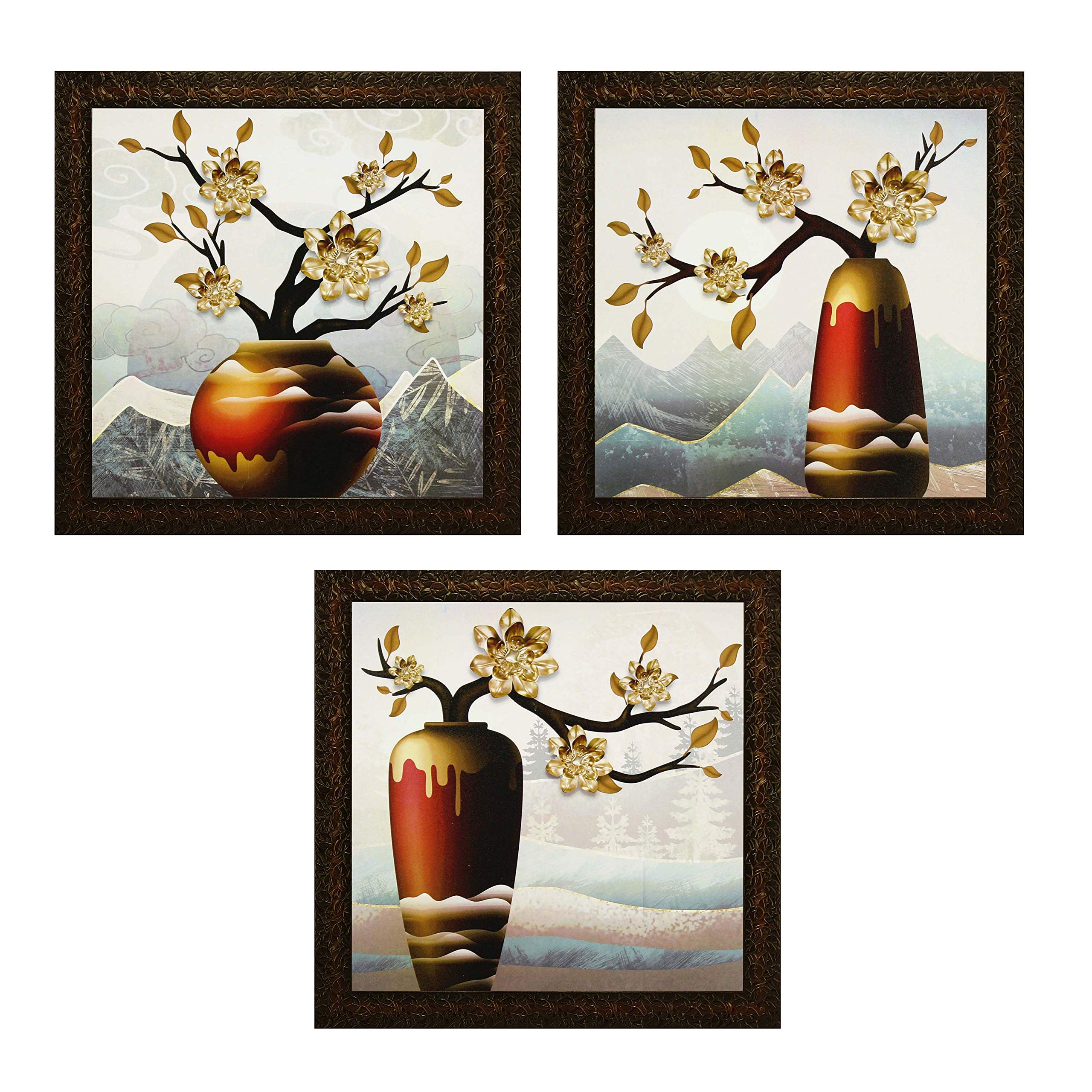 Indianara Set Of 3 Golden Flowers In Vases Framed Wall Hanging Laminated Paintings Matt Art Prints 9 Inch X 9 Inch Each Without