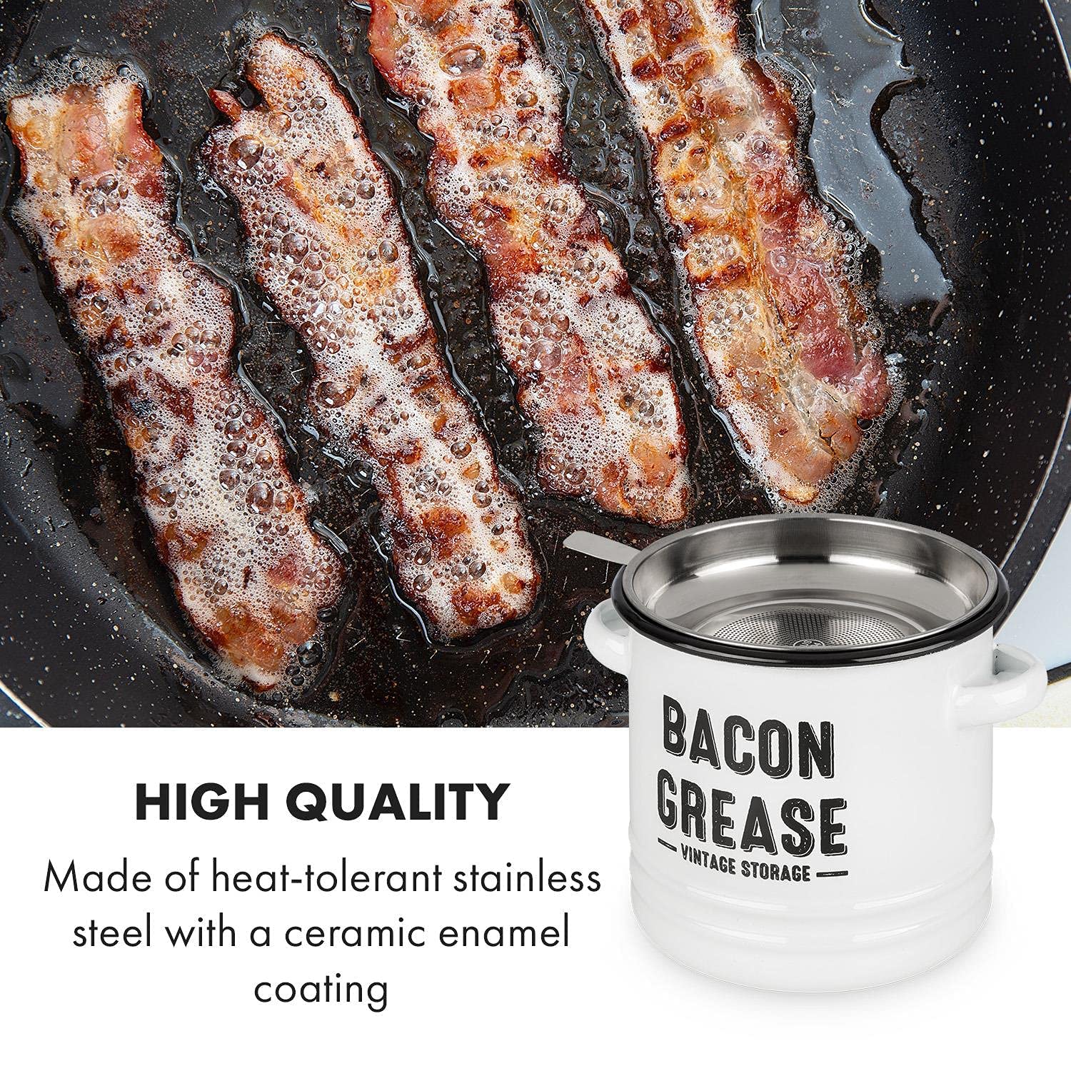 Granrosi Bacon Grease Container - 36OZ Stainless Steel with Strainer, Airtight Lid, White