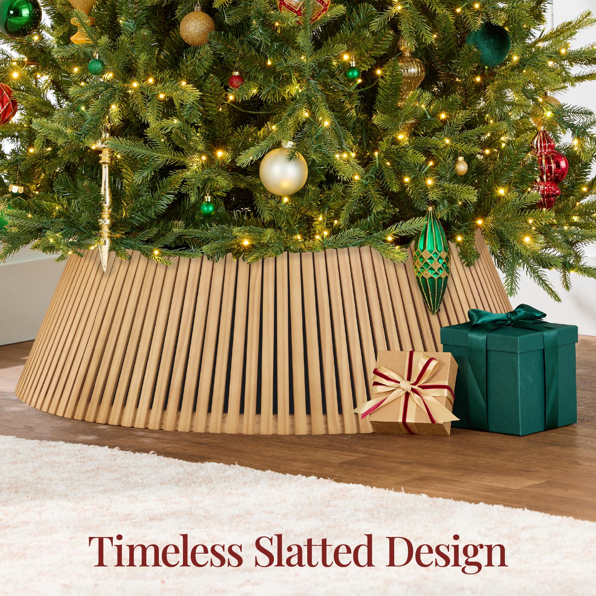 Best Choice Products 42in Christmas Tree Collar, Solid Wood Slatted Tree Skirt Holiday Accessory for Home - Natural