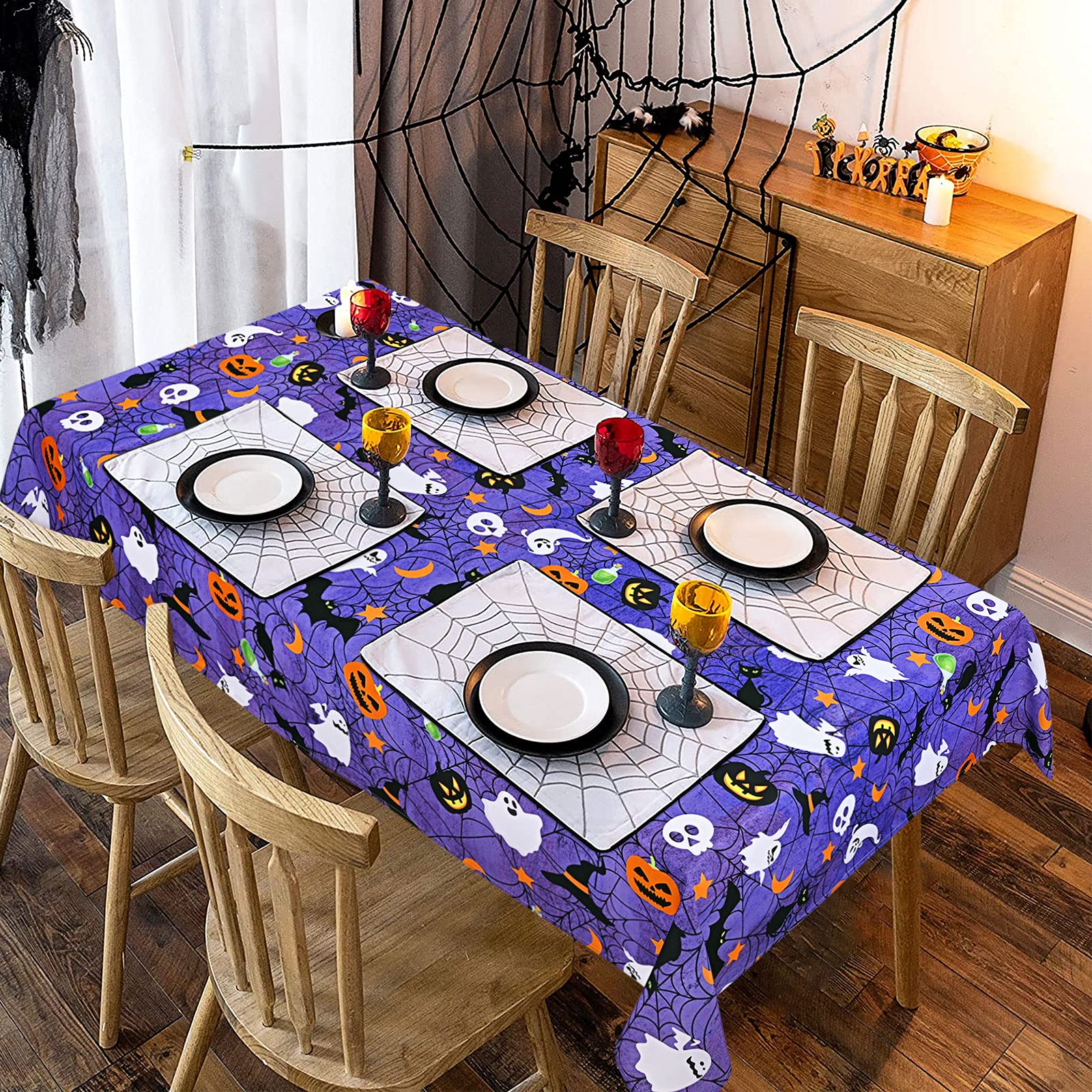 Halloween Tablecloth, Spider Web And Pumpkin Table Cloth, Bat Cobweb And Ghost Waterproof Tablecloths, Spillproof Tablecover For