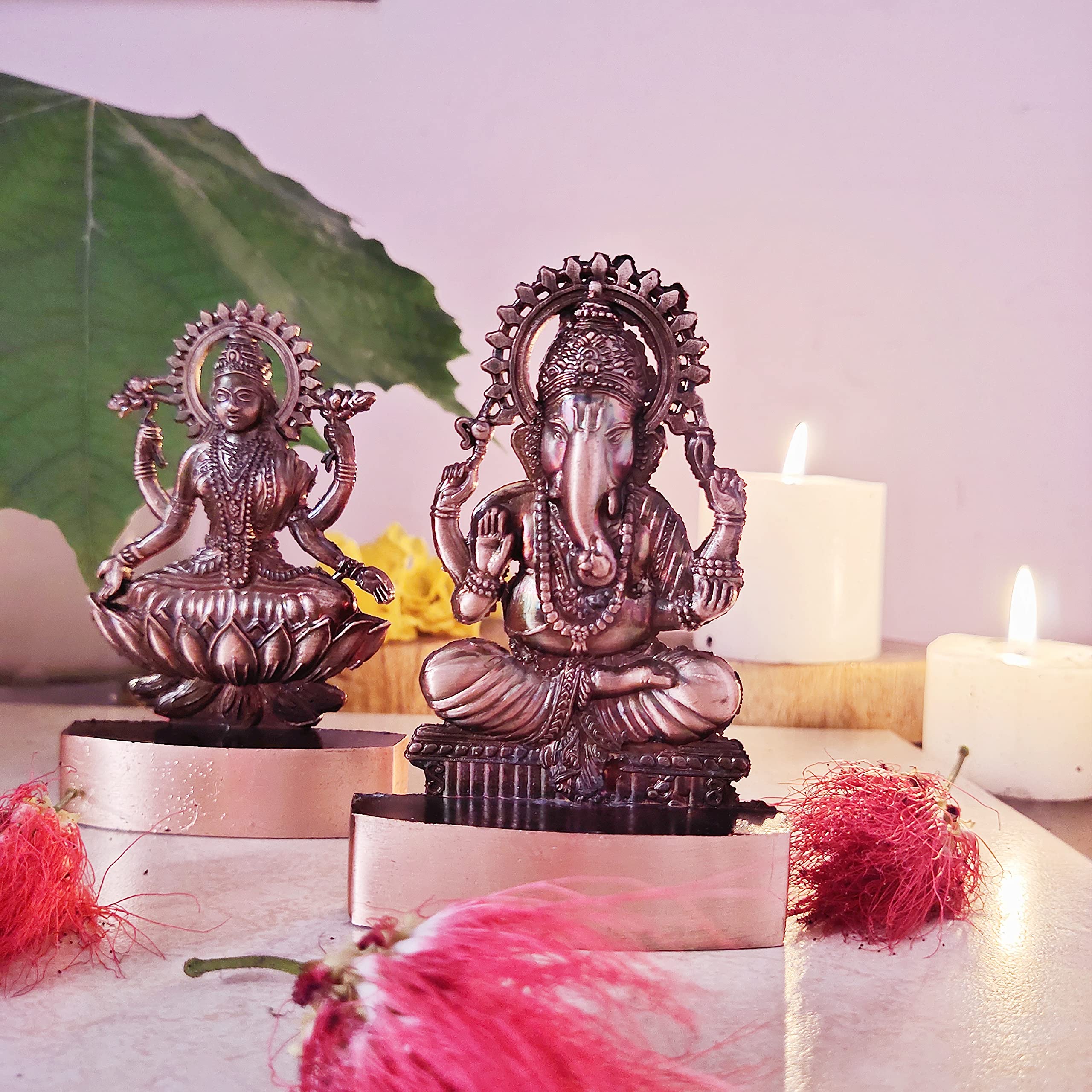 Blissful Decor Amishi Handicraft Metal Laxmi Ganesha Copper Antique Finish Pujan Set Auspicious Indian Art Statues Luxmi Ganesh 