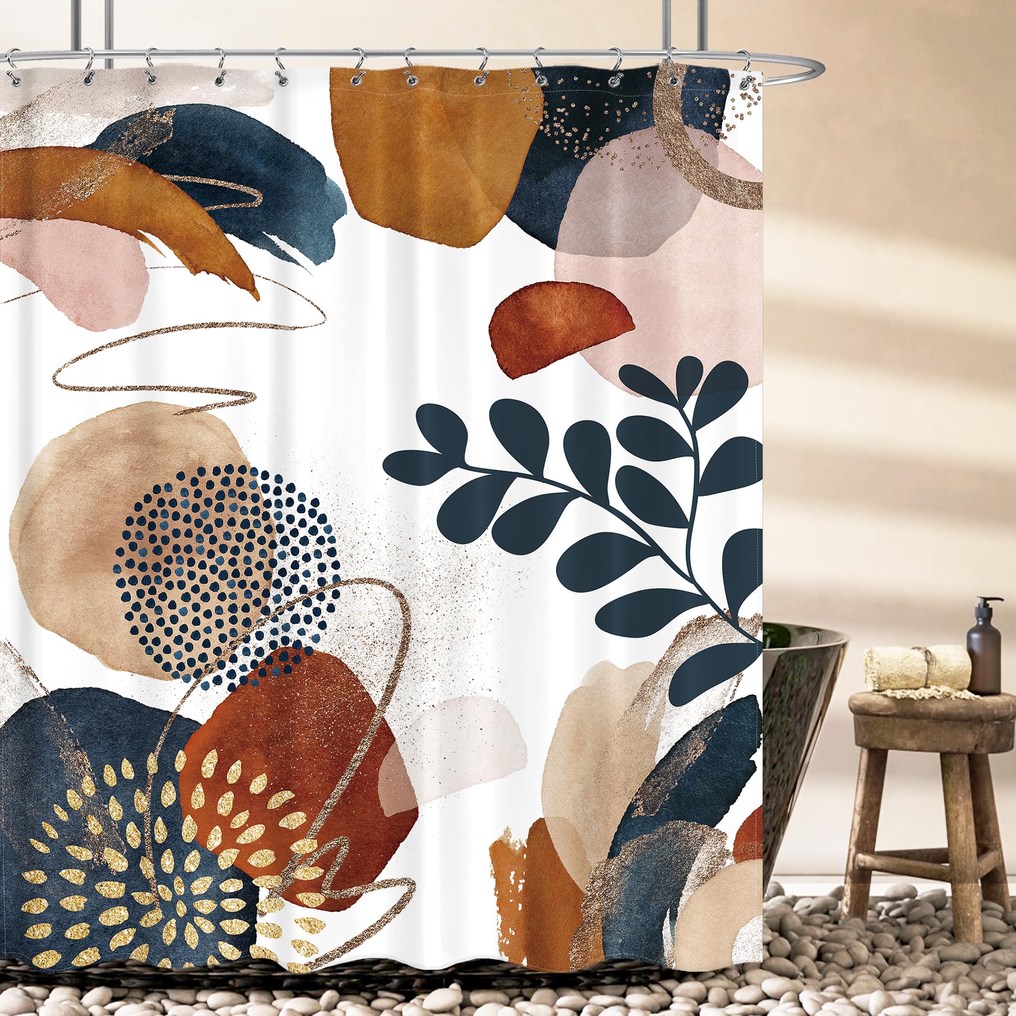 Lightinhome Boho Mid Century Shower Curtain 72Wx72H Inches Abstract Navy Blue Gold Colorful Modern Geometric Leaves Plant Neutra