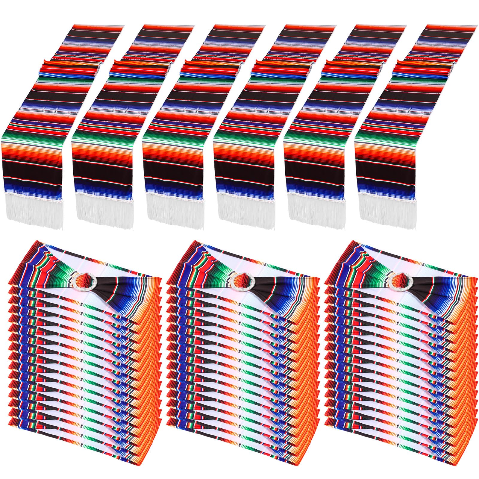 Newwiee 54 Pcs Mexican Stretch Chair Sashes with Table Runners, Cinco De Mayo Chair Bows Sashes Fringe Table Runner for Party We