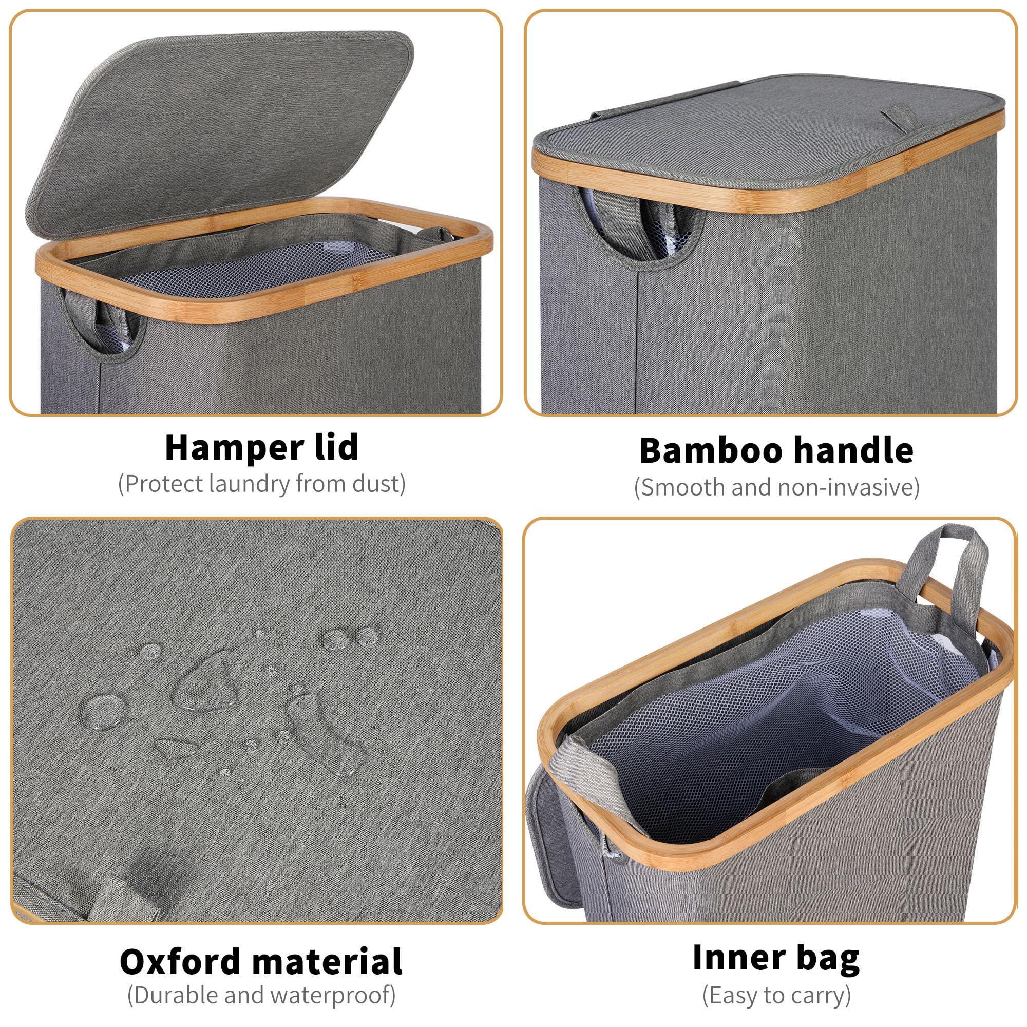 Iegrow Slim Laundry Hamper, 60L Narrow Laundry Basket With Lid,Foldable Clothes Hamper With Bamboo Handles,Hamper Basket With Re