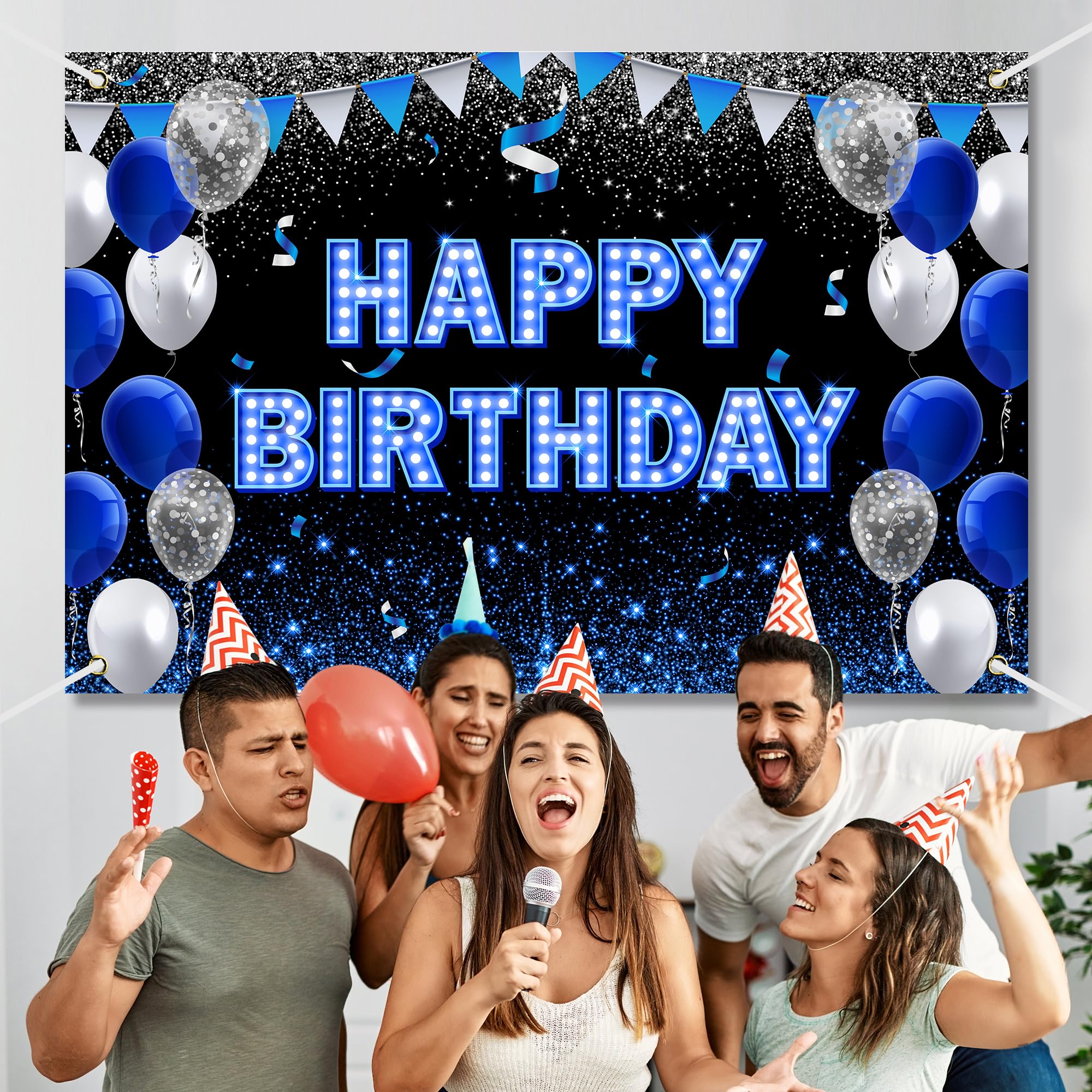 Happy Birthday Backdrop Banner Blue Black Theme Background With Neon Light Shiny Fashion Birthday Party Photo Photography Prop B