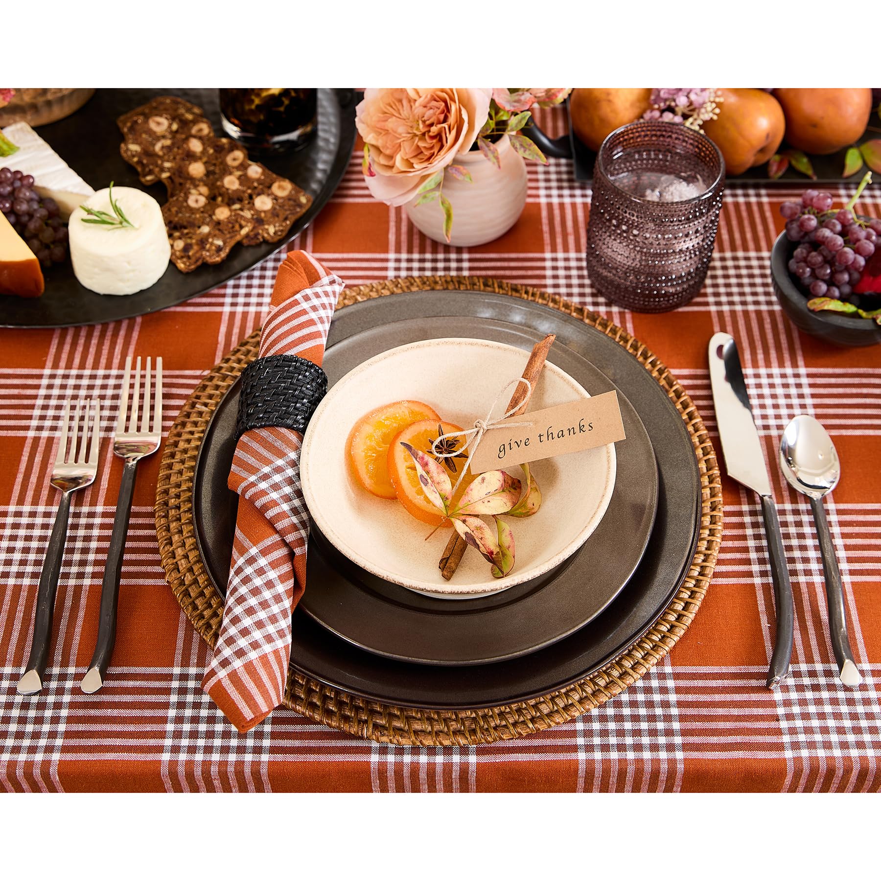 Solino Home Plaid Linen Dinner Napkins 20 X 20 Inch - 100% Pure Linen Nutmeg Glen Check Cloth Napkins Set Of 4 - Handcrafted And