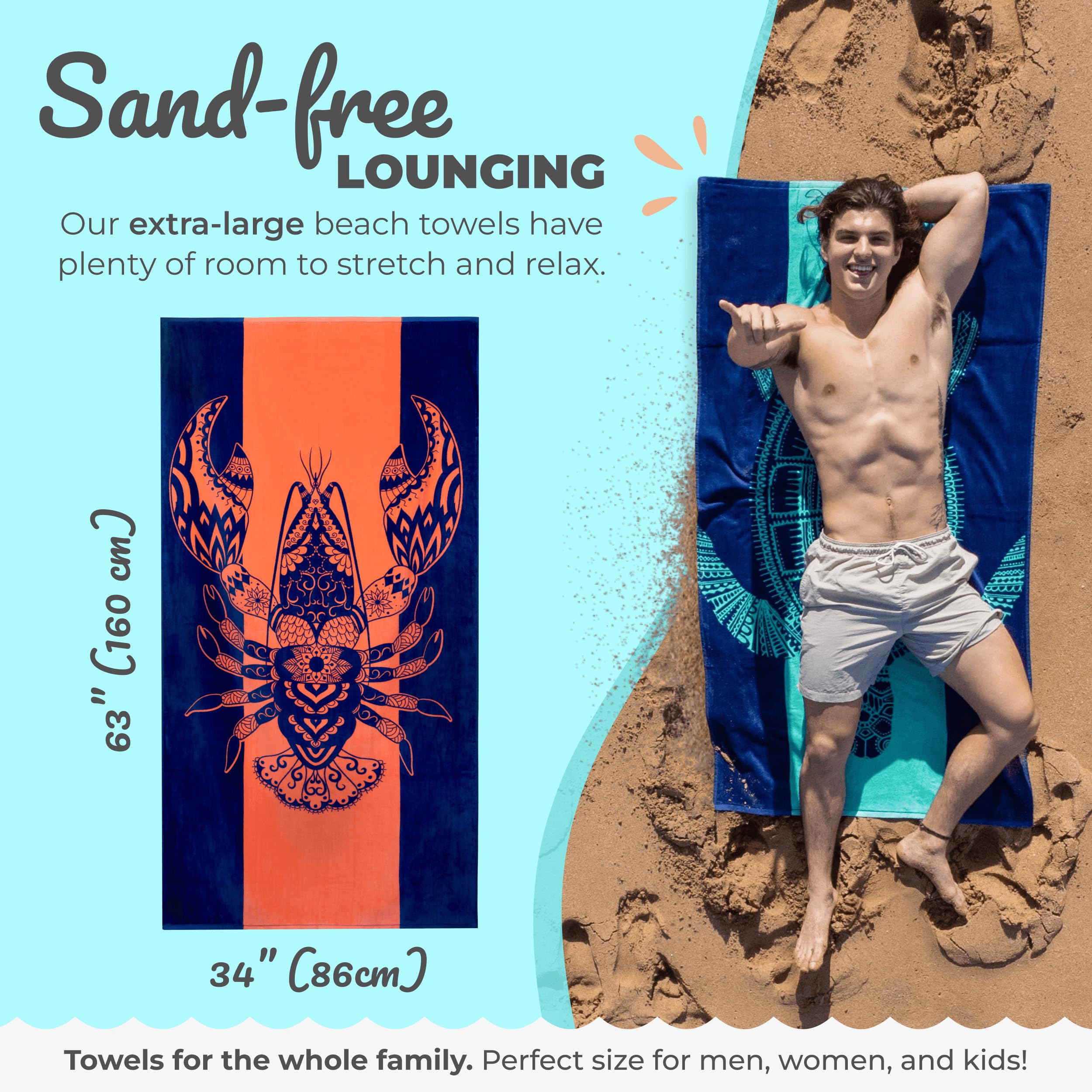 Nova Blue Lobster Beach Towel (34 X 63) - Solid Color Beach Towel Made From 100% Cotton - Coral Stripe Large Beach Towel With Tr
