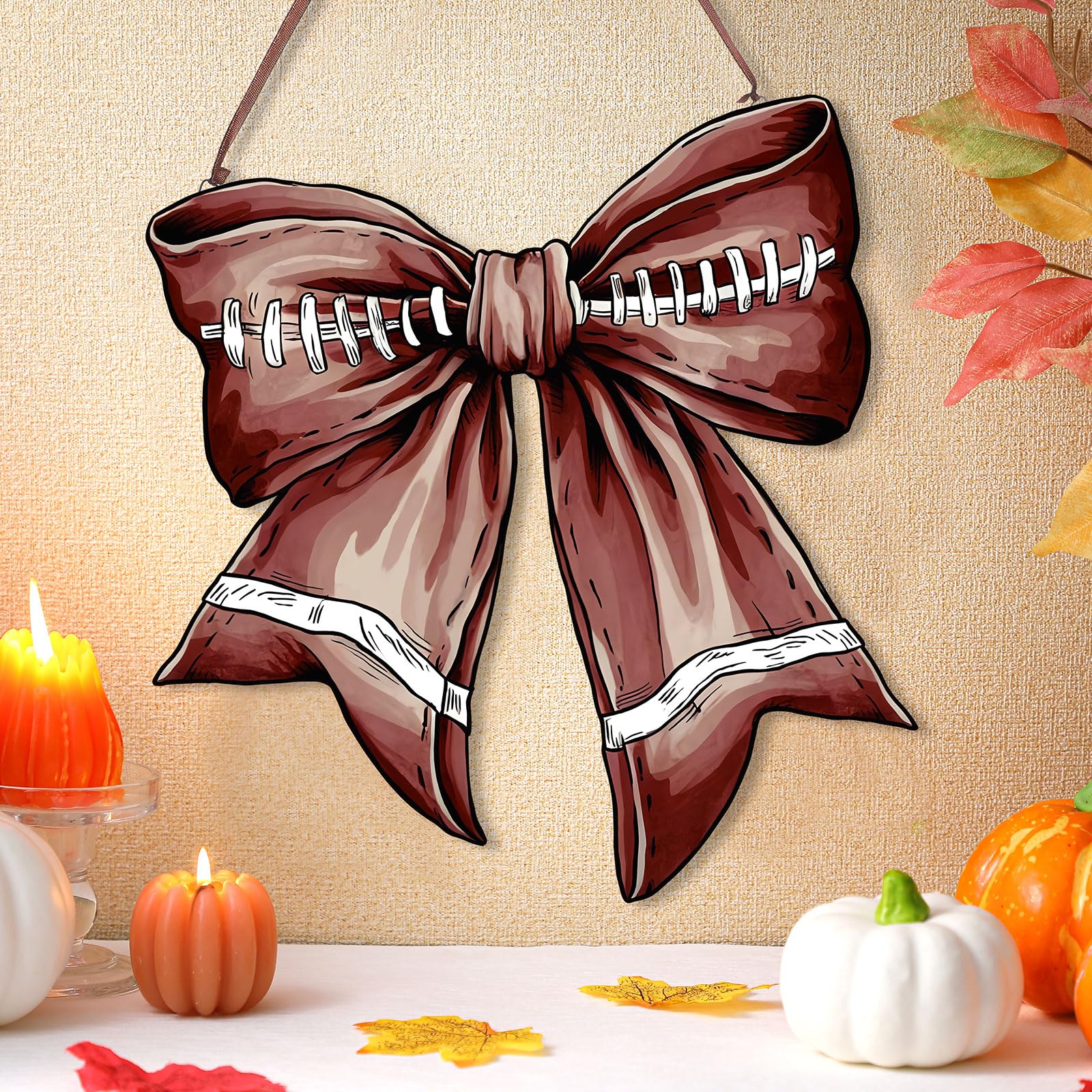 RattanView Bow Wooden Hanging Sign Fall Football Bow Wall Hanging Wall Art Thanksgiving Bowknot Welcome Door Sign Decor for Autu