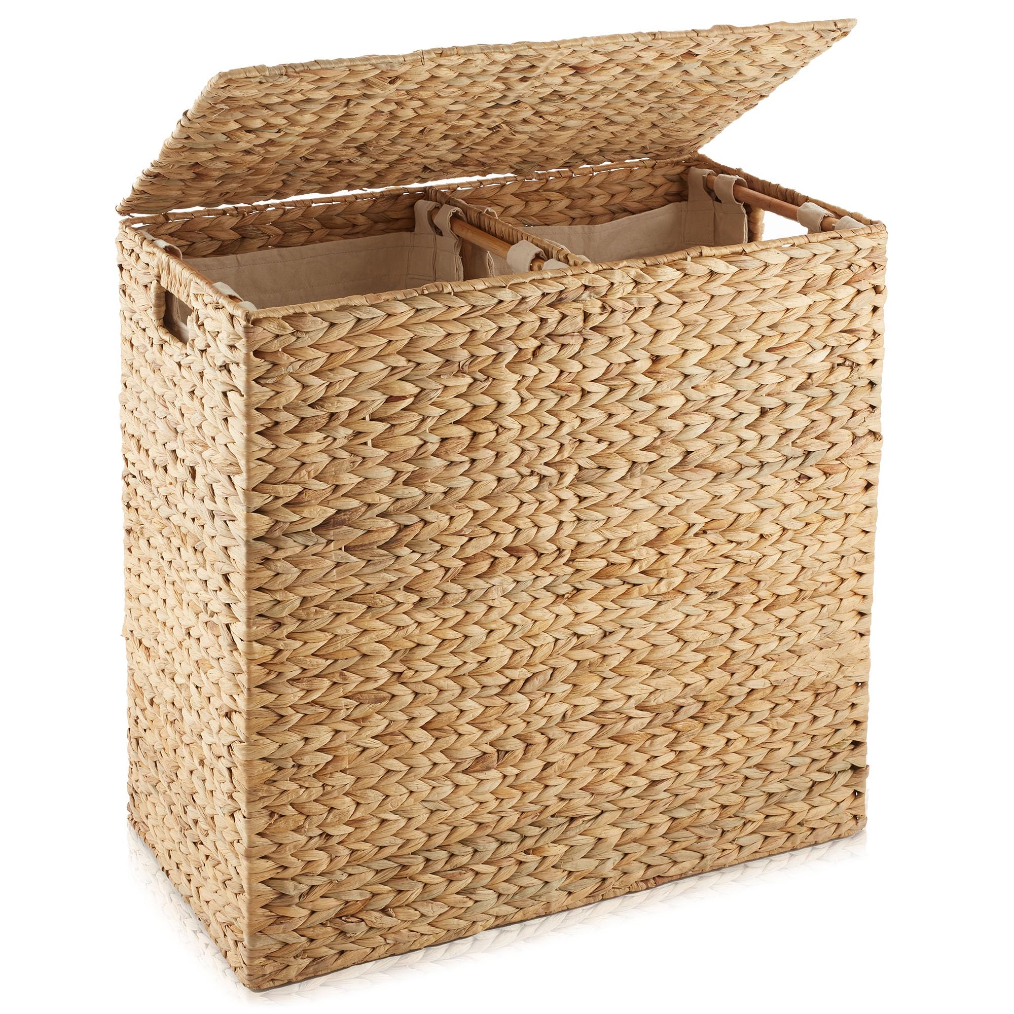 Casafield 2-Section Laundry Hamper With Removable Liner Bags - Natural, Woven Water Hyacinth Double Laundry Basket Sorter For Cl