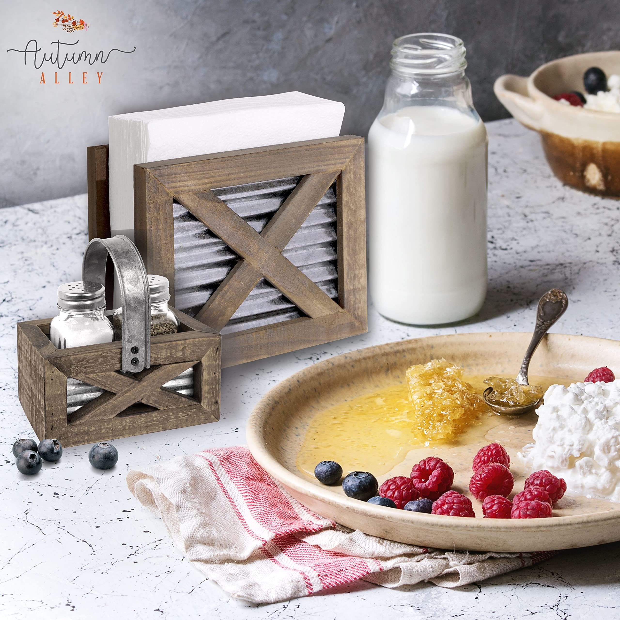 Autumn Alley Farmhouse Napkin Holder - Upright Wooden Napkin Holder - Classic Barn Door Motif With Galvanized Metal - Rustic Nap