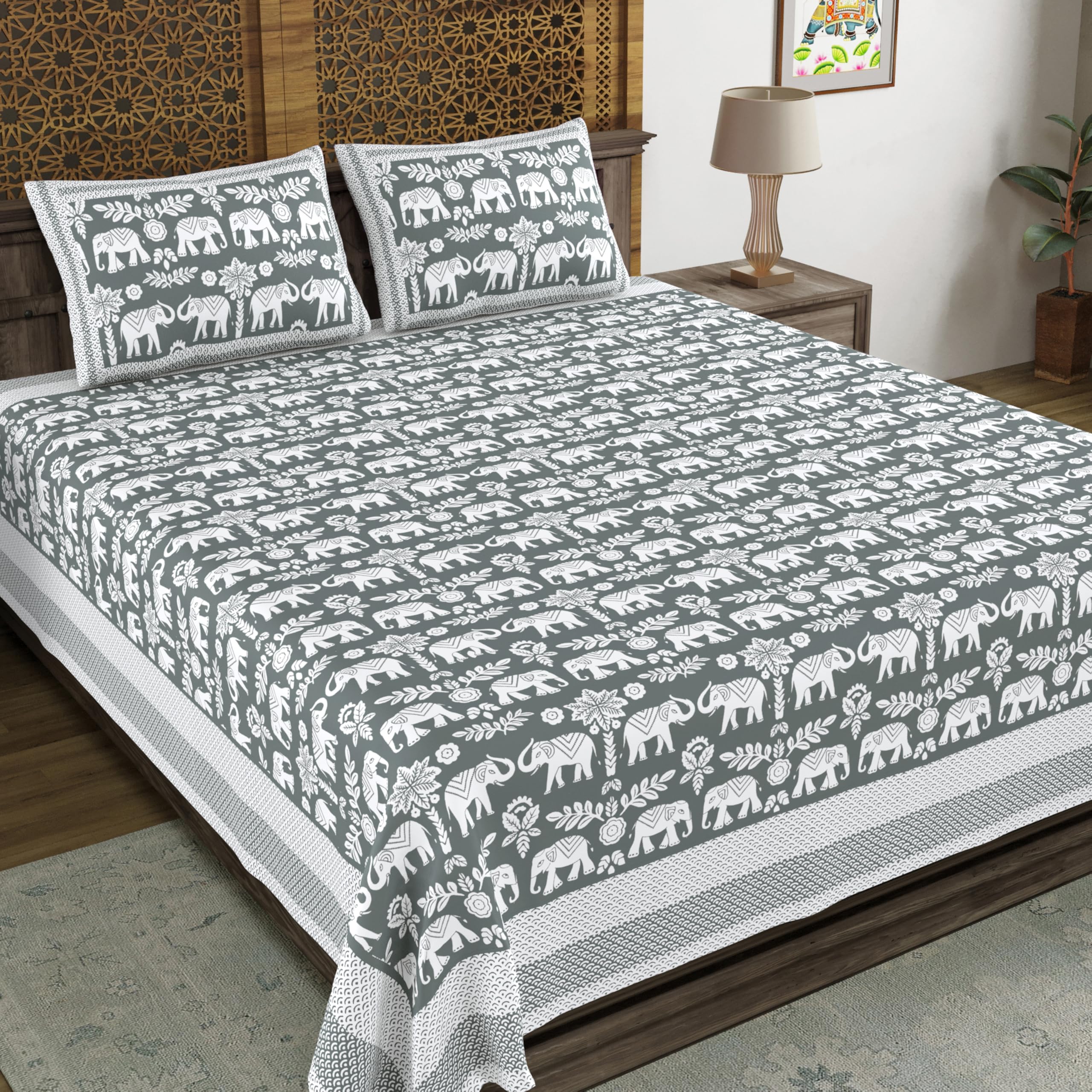 Blocks Of India Hand Block Printed 200 Tc Cotton Super King Size Bedsheet (Grey Gad Ele)