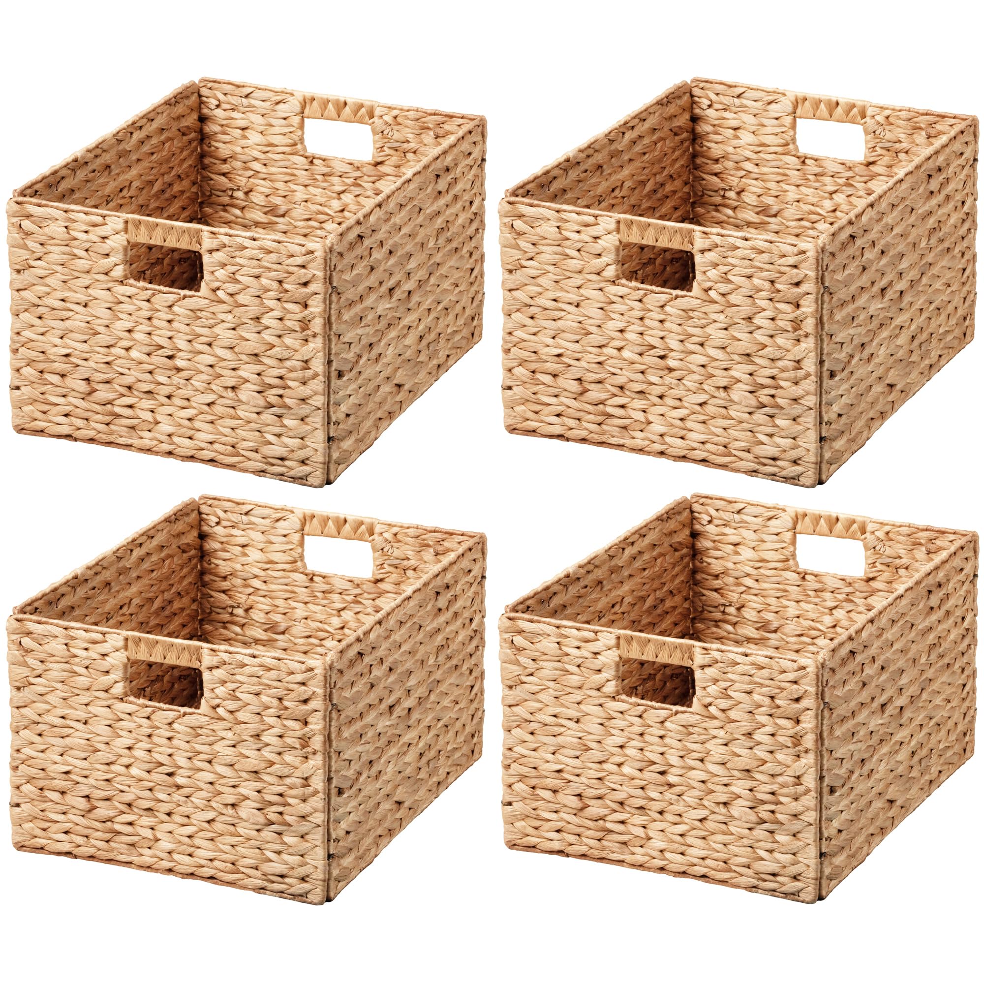 eHemco Rectangular Water Hyacinth Wicker Storage Baskets with Iron Wire Frame and Built-in handles 16.1''x12.6''x9.5''  Light Brown  Set of 4