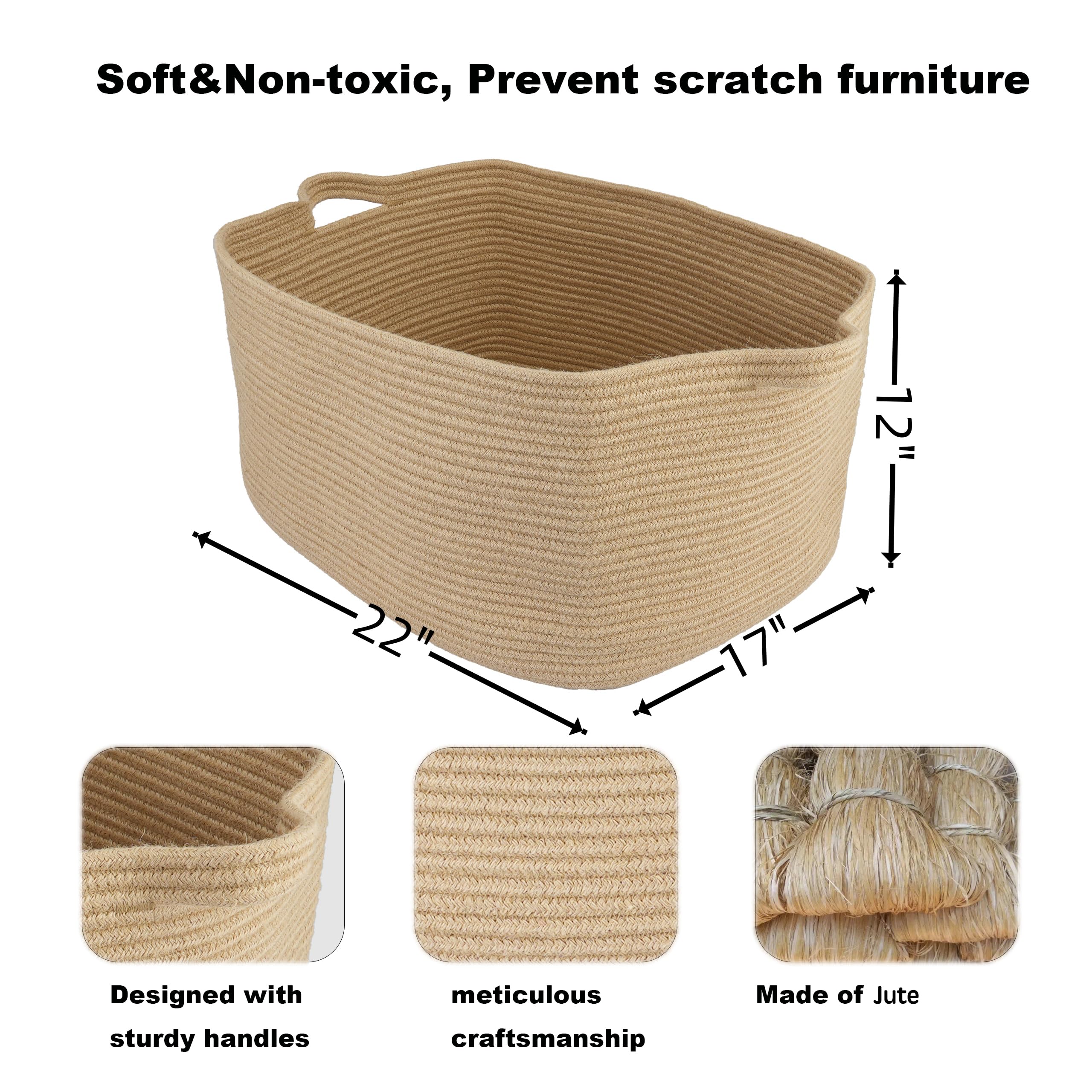 Xuanguo Large Rectangle Blankets Basket Living Room 22''X17''X12'' Woven Jute Rope Storage Basket For Nursery Toy Basket For Kid