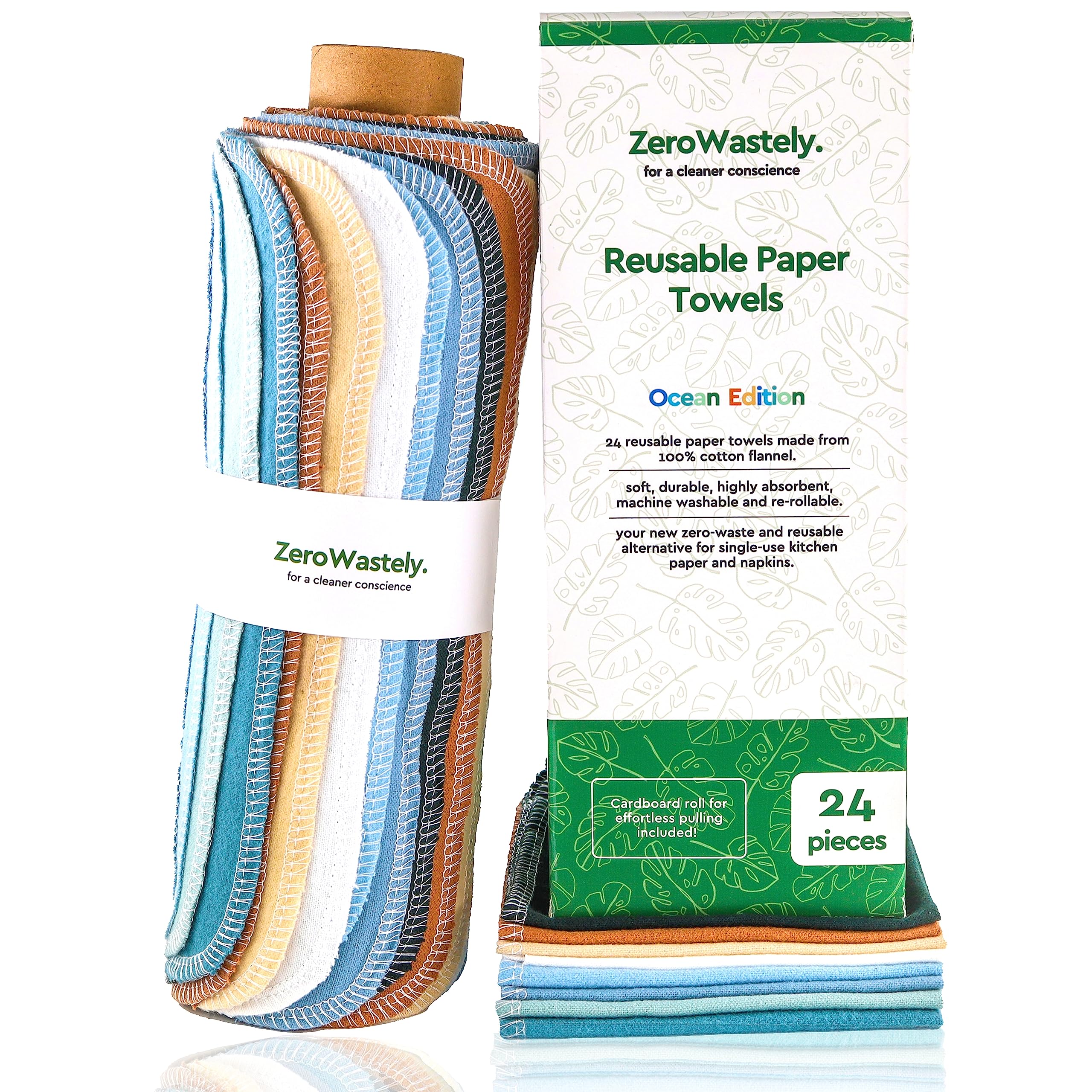 Zerowastely Reusable Paper Towels - Value Pack Of 24 Paperless Paper Towels! - 100% Cotton, Super Soft, Absorbent, Washable And
