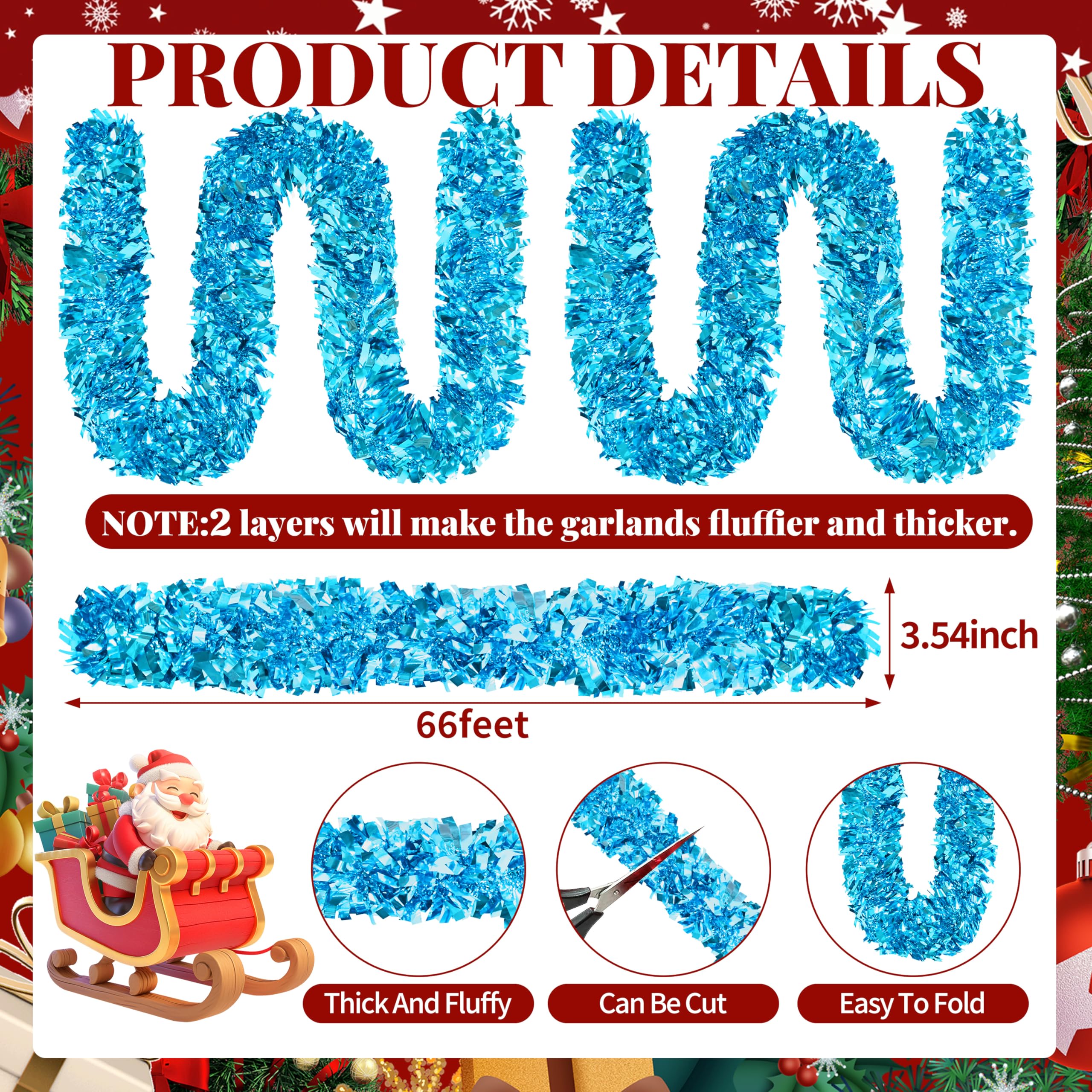 66 Ft Christmas Tinsel Garland Thick Tinsel Garland Xmas Tree Decorations Metallic Tinsel Twist Garland for Christmas, Birthday,