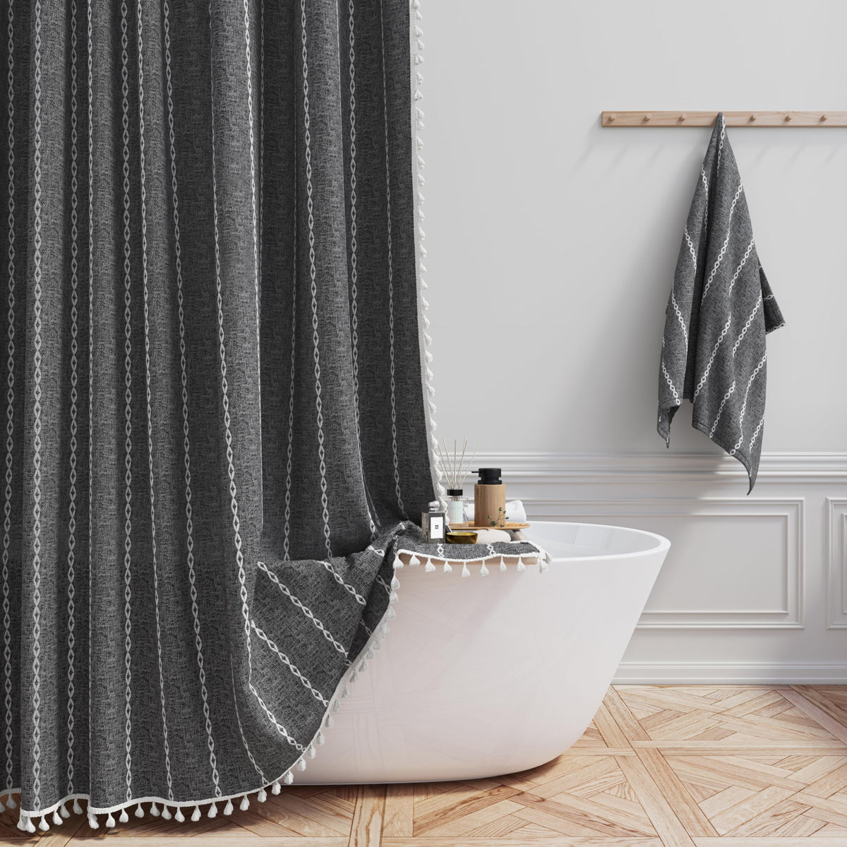 Bttn 78 Inch Long Shower Curtain - Boho Farmhouse Linen Thick Striped Fabric Shower Curtain Set With Hooks, Tall Rustic Country
