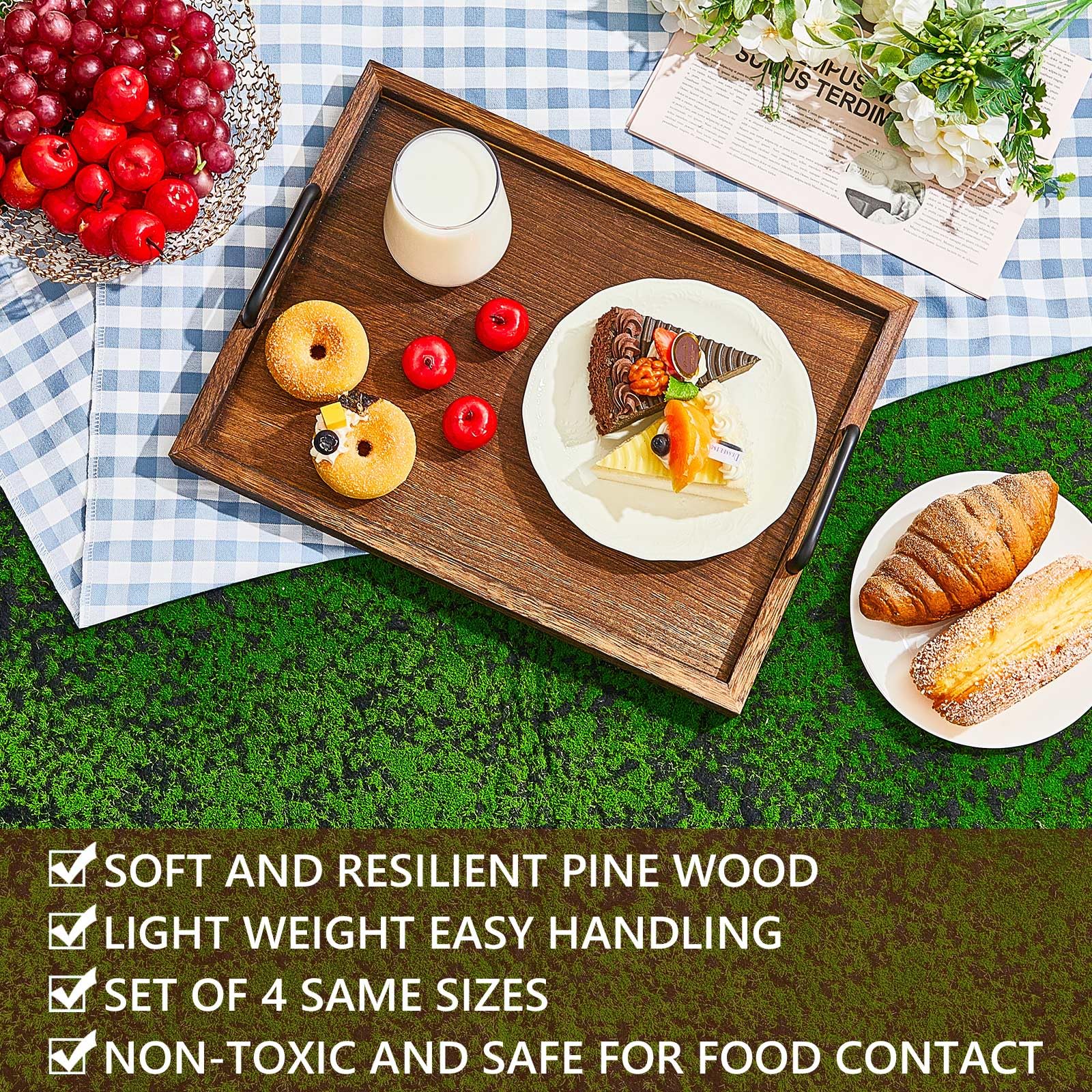 Lallisa 4 Pcs Large Wooden Serving Tray Decorative 15.75 X 11.81 X 2.36 Ottomantray Rustic With Handles Coffee Table Decor Wood