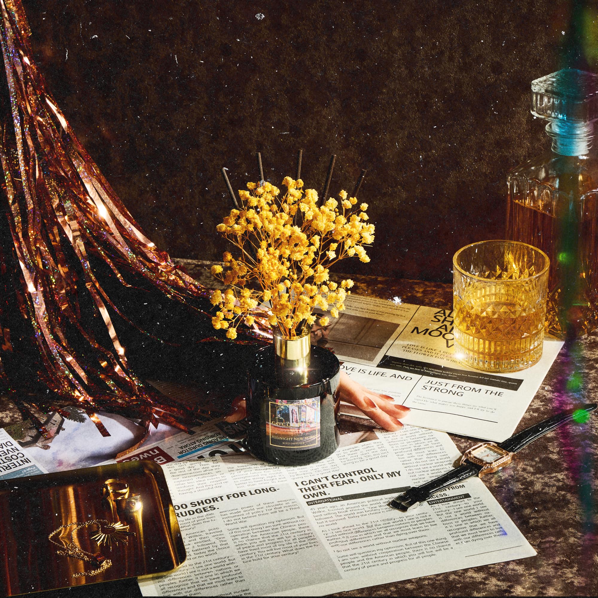 COCORR  NA Reed Diffuser - Midnight New York 6.7 Fl.oz Reed Diffuser Set with 8 Sticks & Preserved Babys Breath, Reed Diffuser