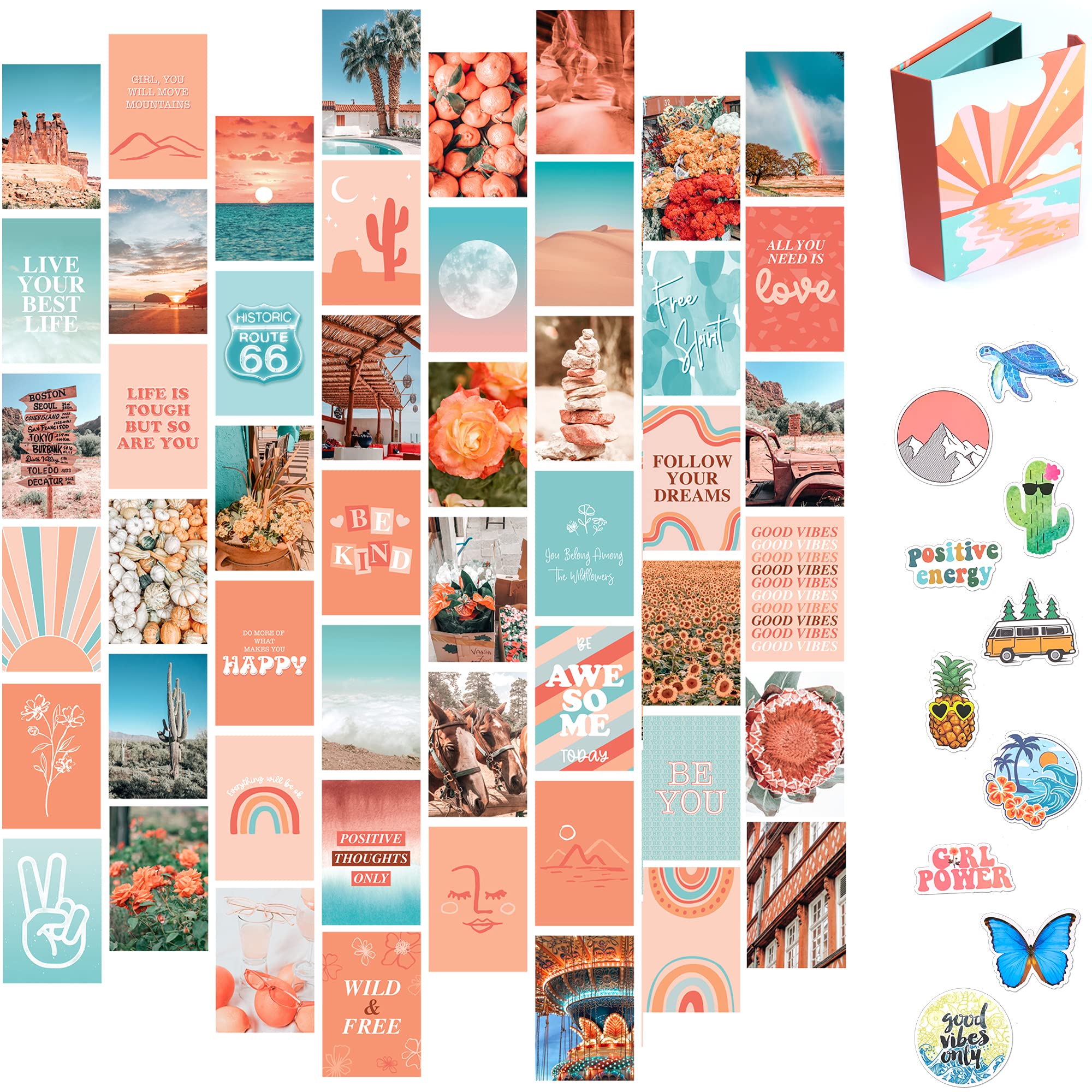 Artivo Peach Teal Wall Collage Kit For Aesthetic Pictures, 50 Set 4X6 Inch, Vsco Girls Bedroom Decor, Cute Boho Wall Decor, Dorm