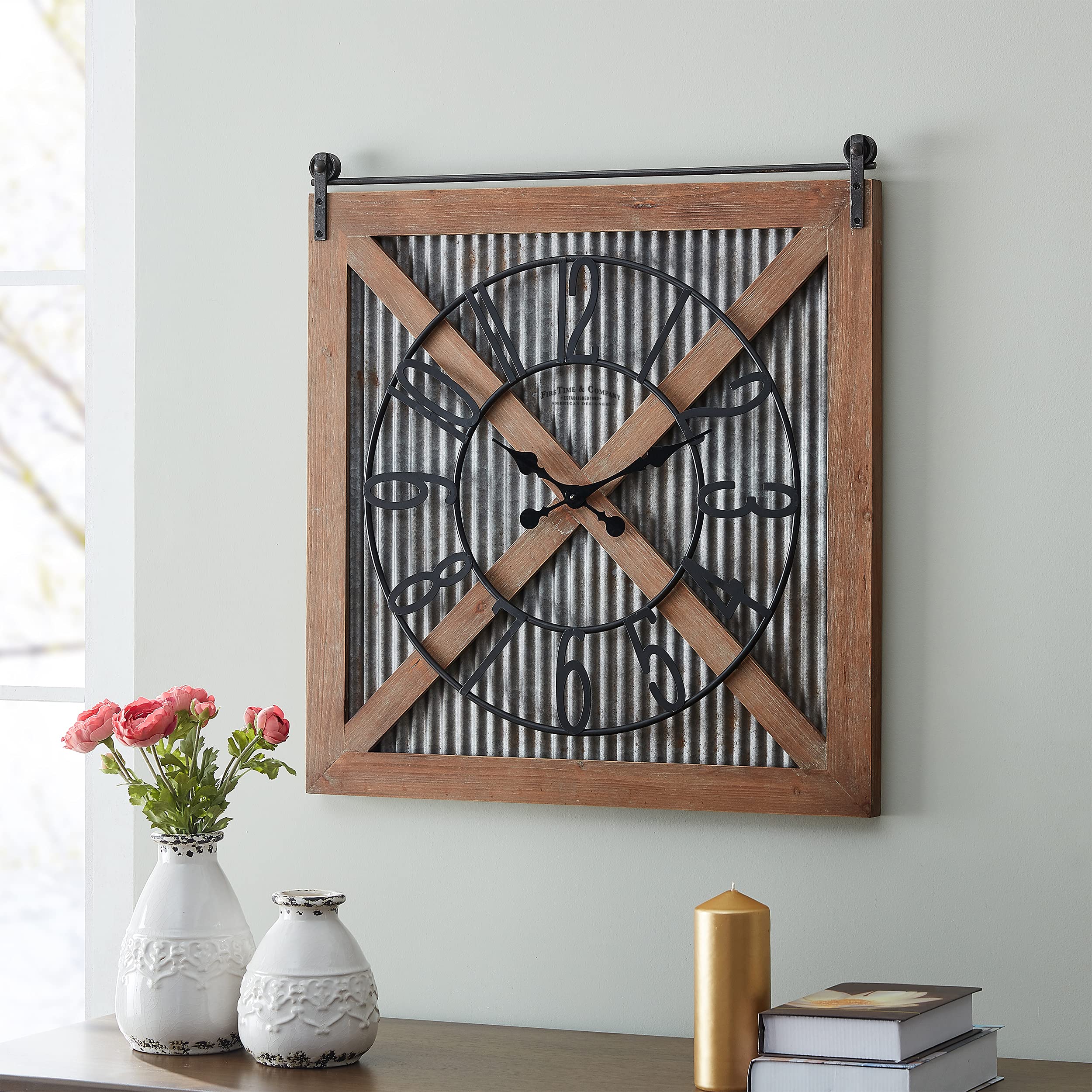 FirsTime & Co. Brown and Silver Fieldhaven Barn Door Wall Clock for Home Office, Kitchen, Living Room, Bedroom, Square, Wood and