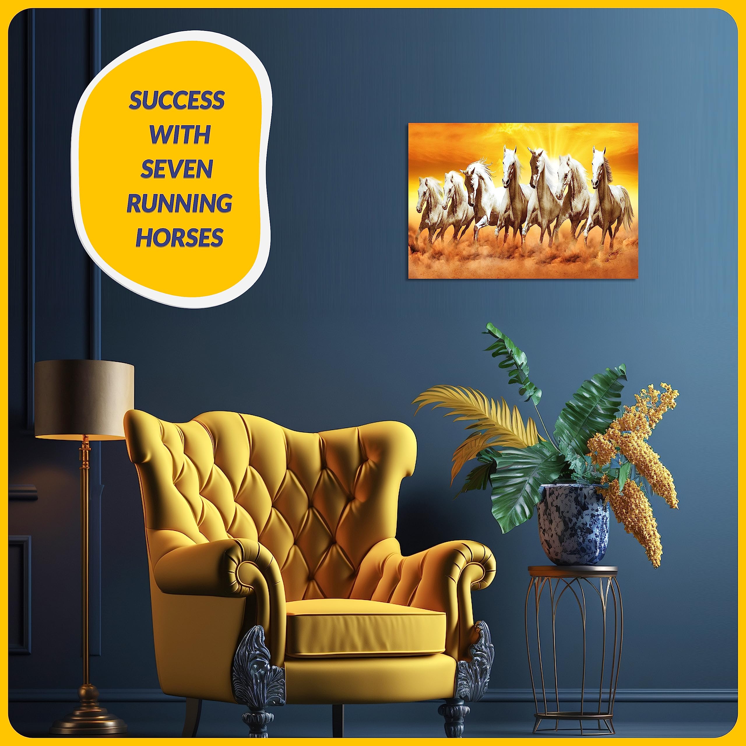 Clickedin Seven Lucky Attractive White Running Horses According To Vastu Shastra Without Frame High Glossy Laminated Wall Painti