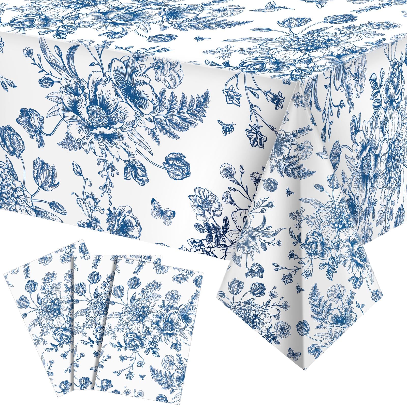 Tiamon 6 Pcs Blue Floral Plastic Tablecloth 54 x 108 Inch Vintage Rectangle Table Cover Disposable Blue Flower Tablecloth Navy a