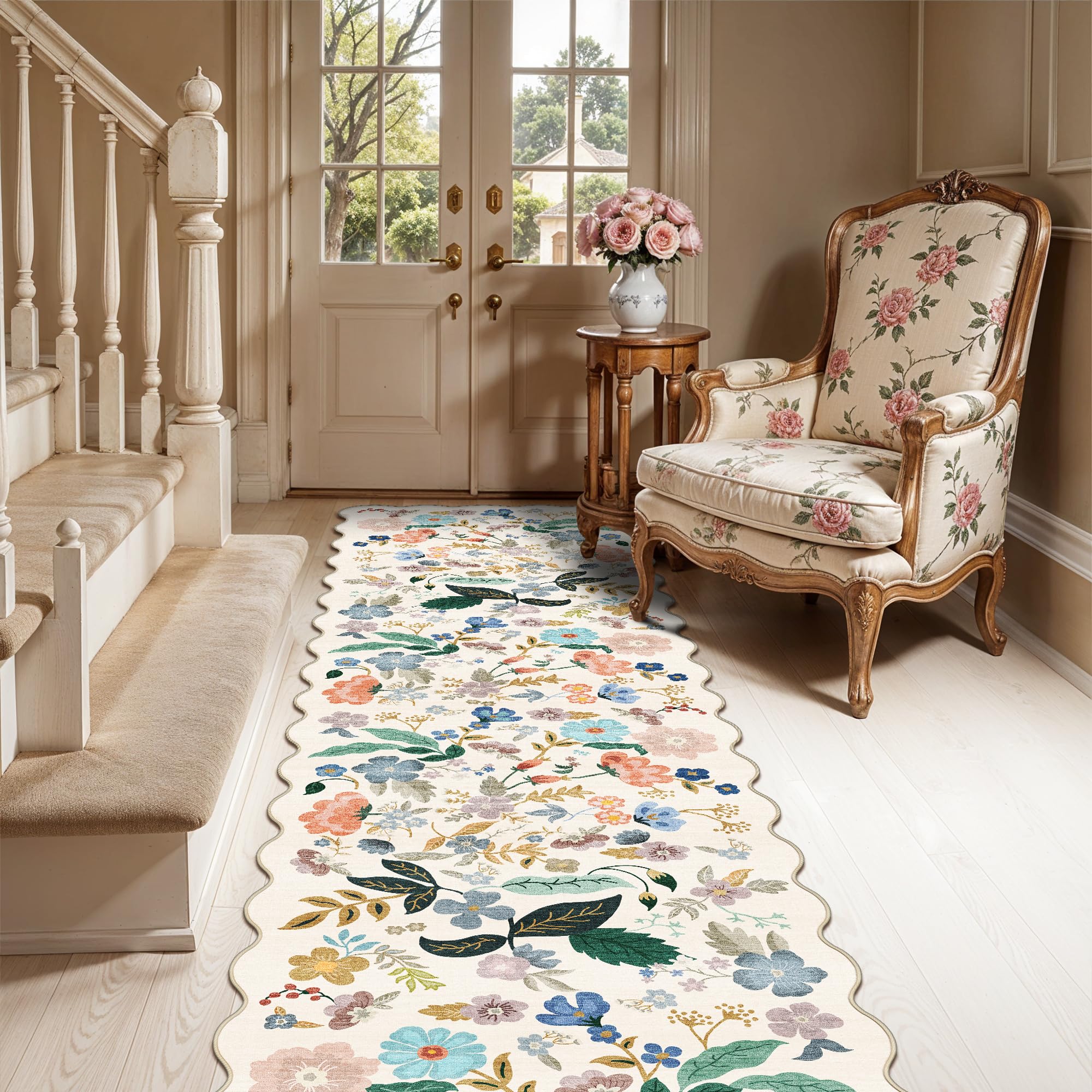 Washable 2x8 Hallway Runner Rug: Vintage Water-Resistant Floral Scalloped Kitchen Entryway Rug Ultra Soft Living Room Bedroom Ca