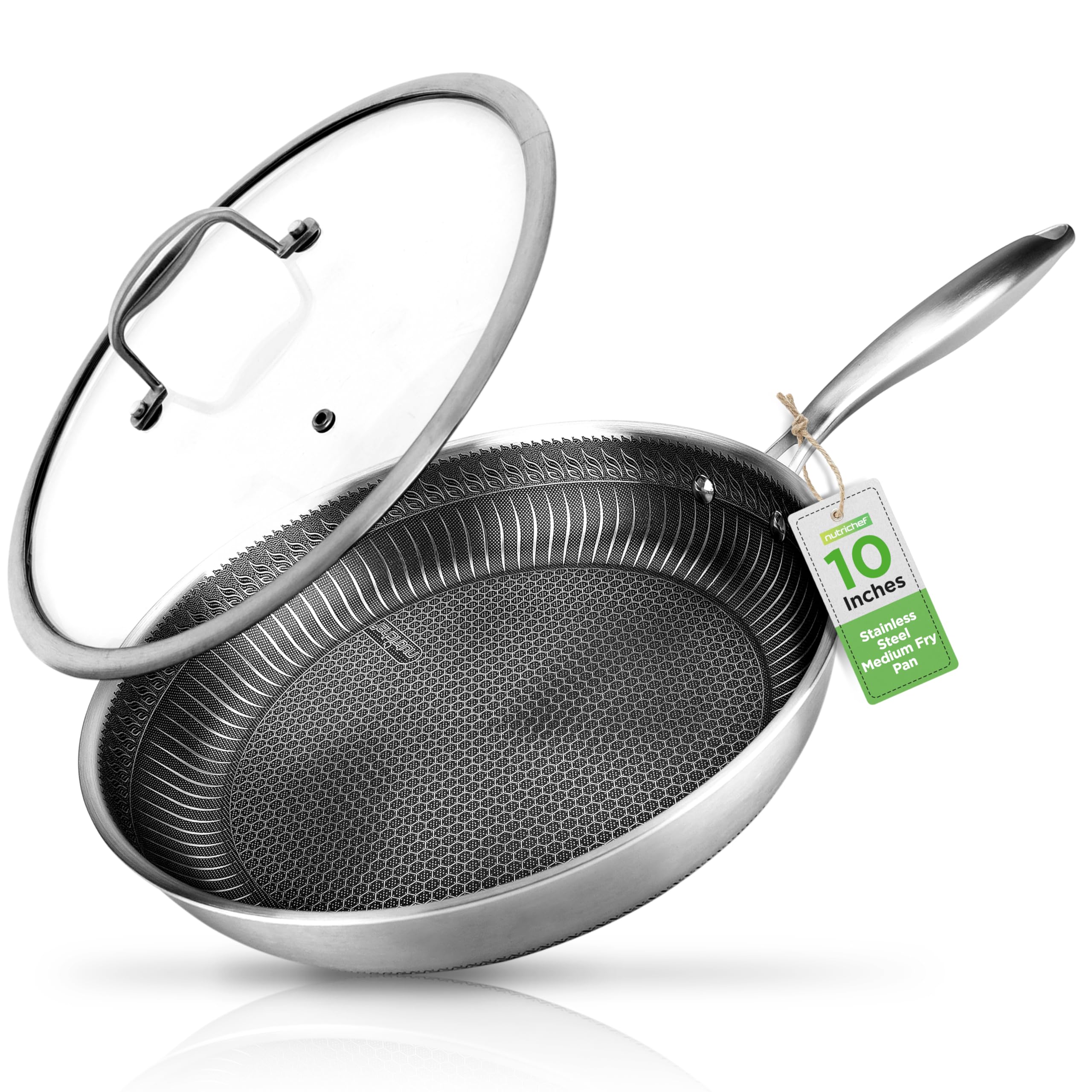 NutriChef 10 Stainless Steel Frying Pan - Triply Kitchenware Stir Fry Pan Kitchen Cookware w/DAKIN Etching Non-Stick Coating, Sc