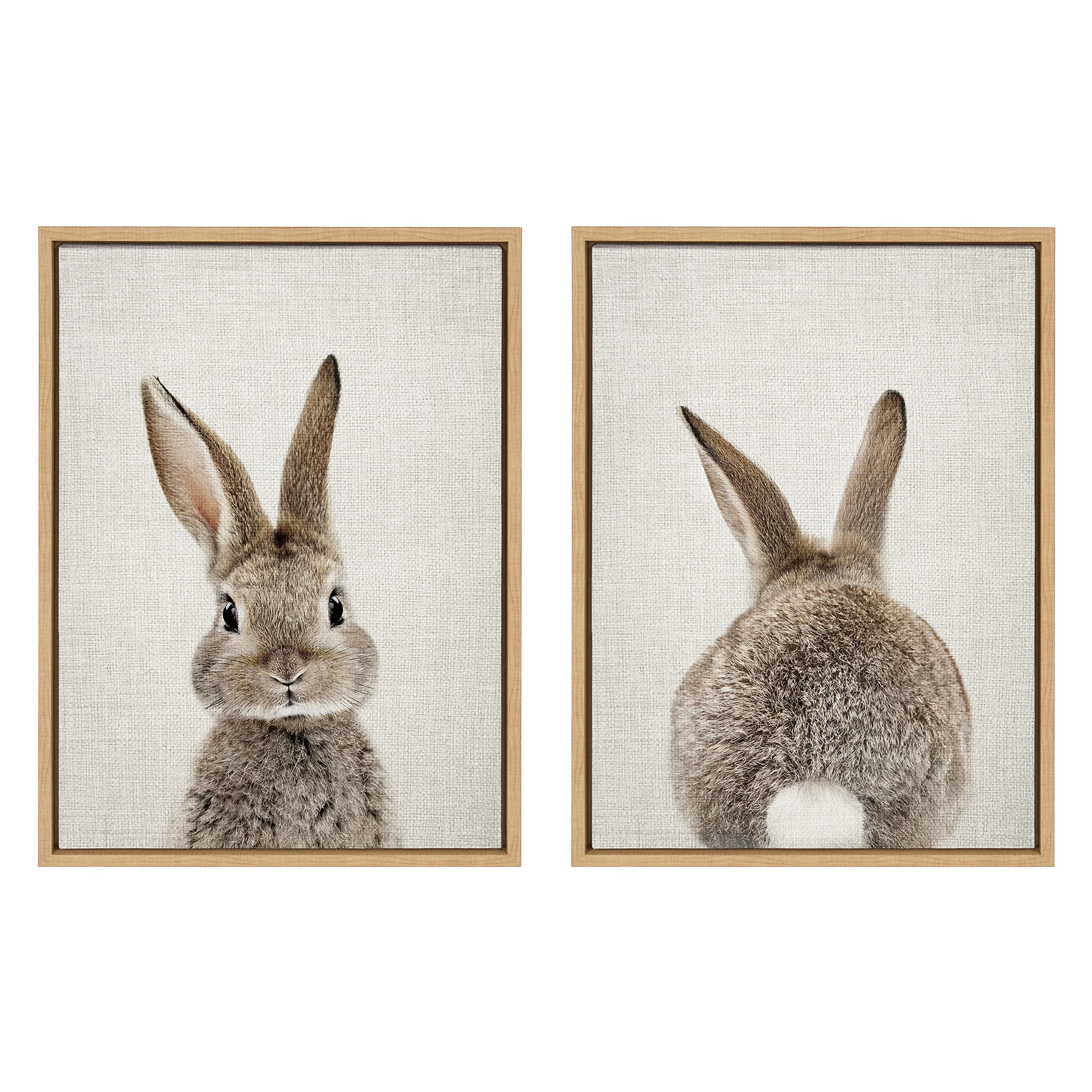 Kate And Laurel Sylvie Bunny Portrait And Bunny Tail Framed Canvas Wall Art By Amy Peterson, 18X24 Natural, Cute Baby Animal Art