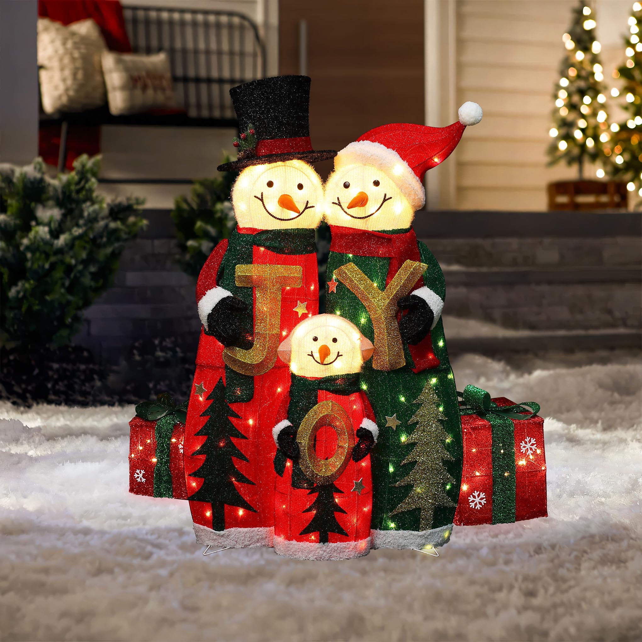 LuxenHome 3FT Lighted Snowman Family Outdoor Decoration, Prelit Joy Snowman with Hat and Scarf, Illuminated Christmas Decoration