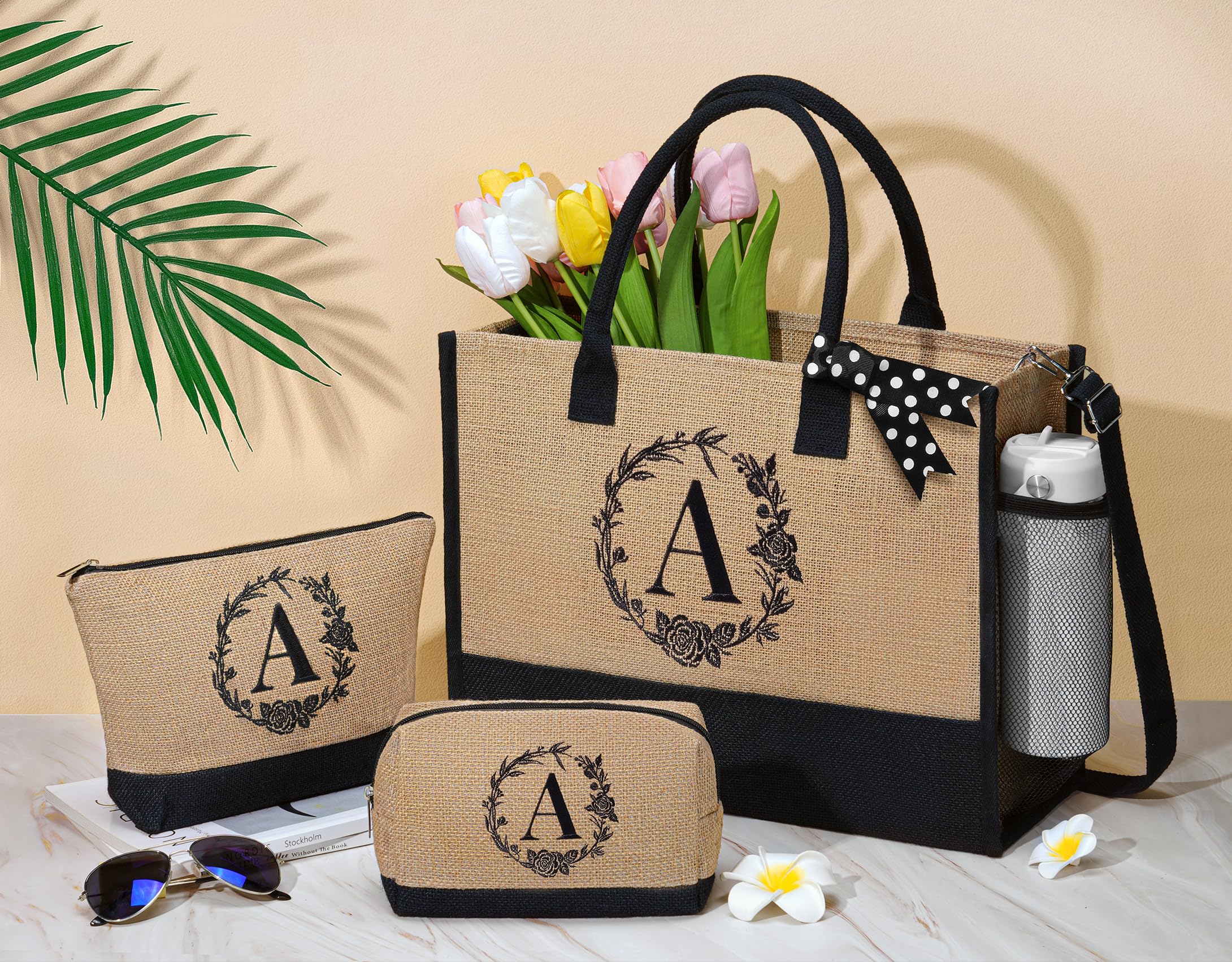 Personalized Valentines Day Gifts For Women Tote Bag, Initial Jute Tote Bag & Makeup Bags Monogrammed Beach Bag W/ Zipper, Birth