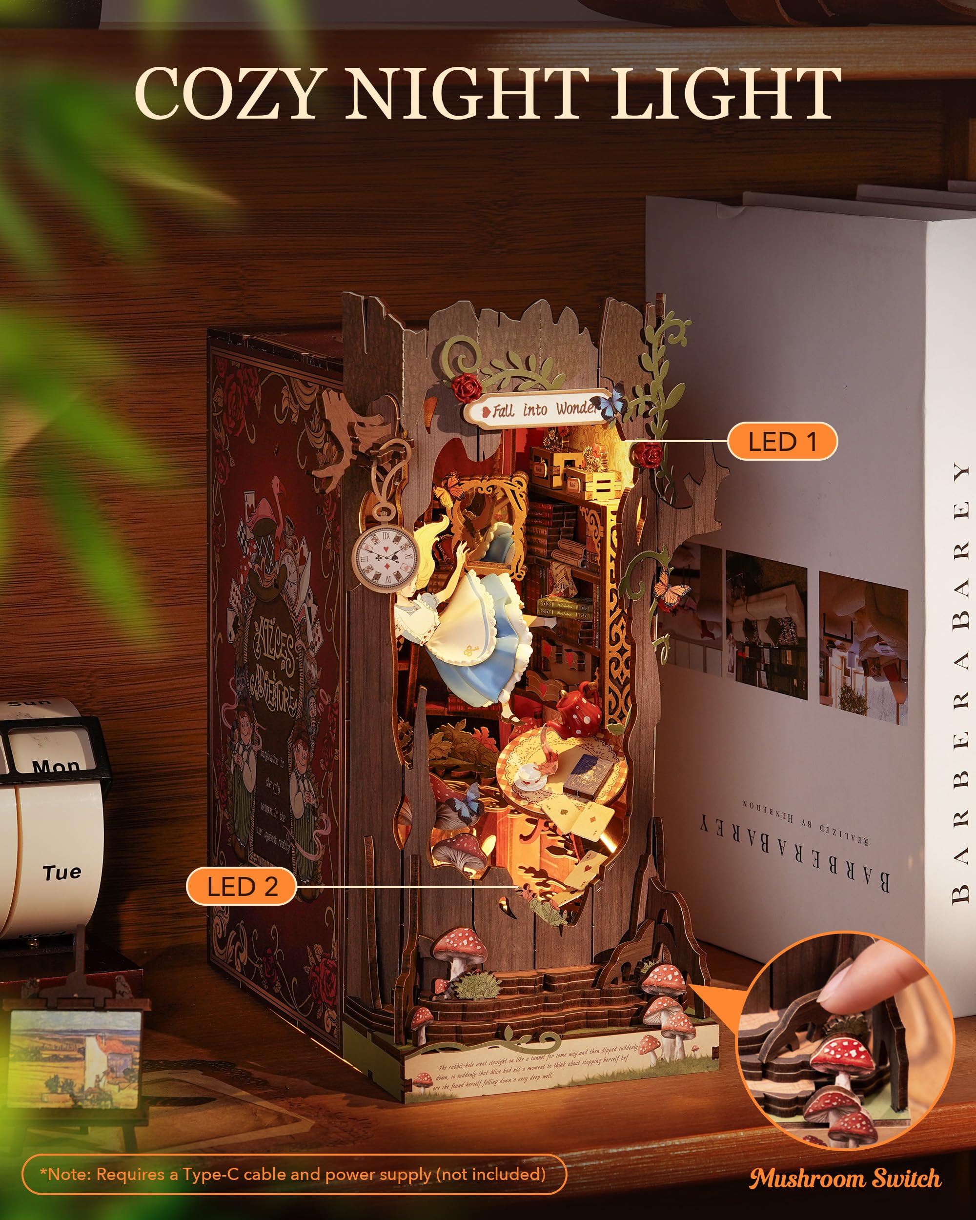 Rolife DIY Book Nook Kits Fall into Wonder, Fairy Tale Bookend Wooden 3D Puzzles for Bookshelf Decor, DIY Miniature House Buildi