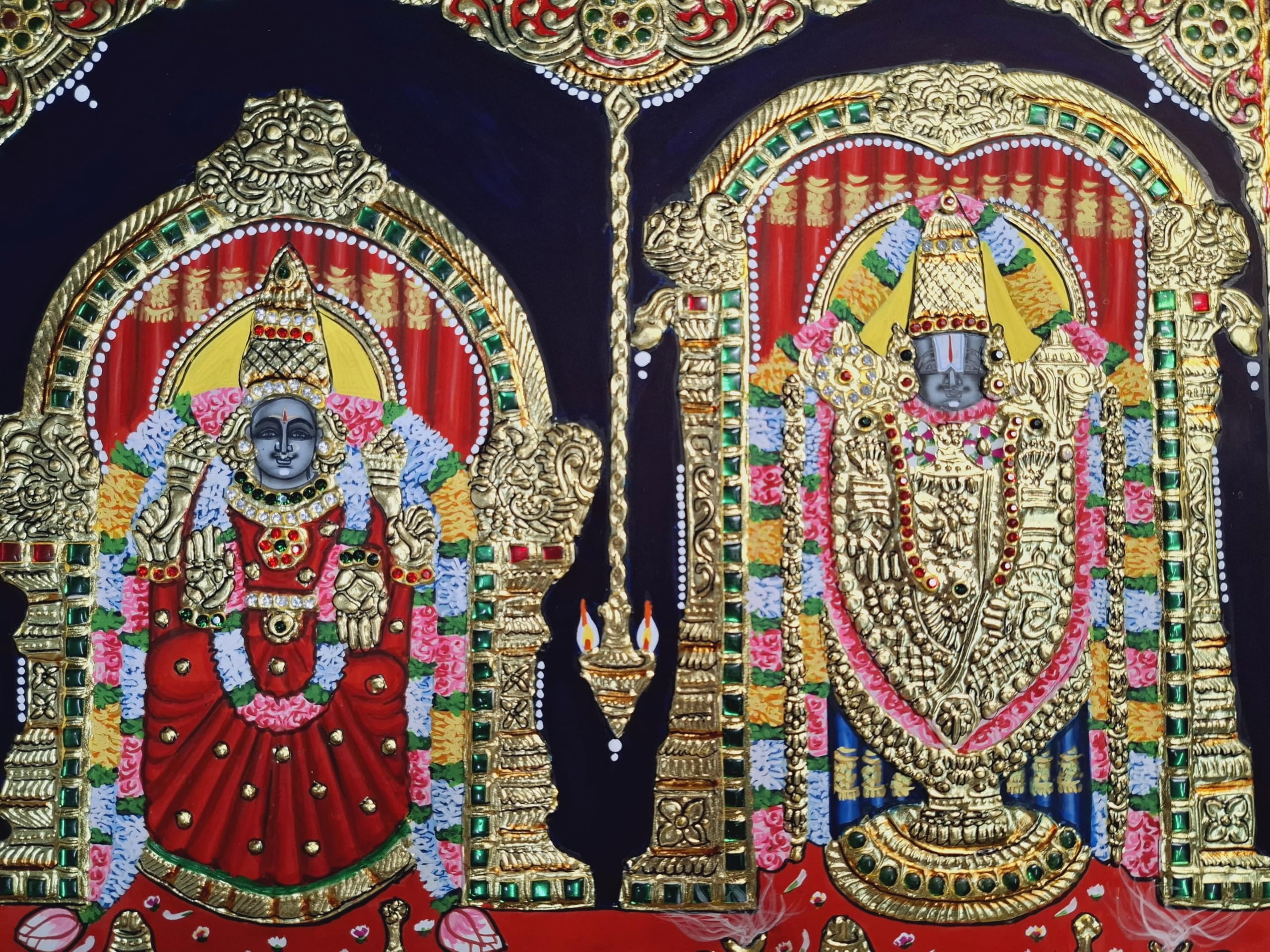 Jline Arts Wood Wall Hanging, Tanjore Painting Balaji Padmavathi, Multi-Color, Hand Painted, 22C Gold Foils Work, Teakwood Frame