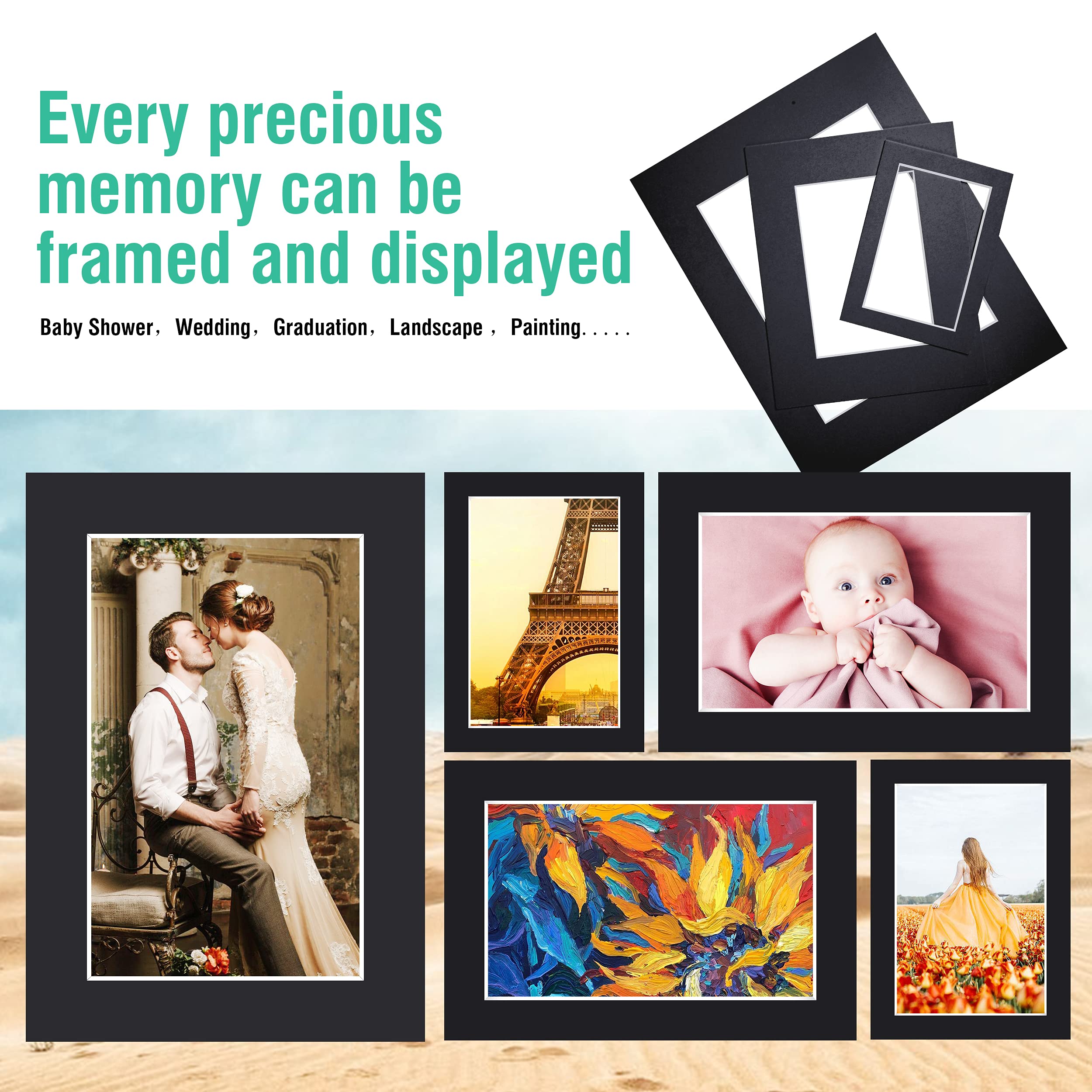 Acid Free 8X10 Pre-Cut Picture Mat Board Kit For 5X7 Photo, Includes 25 Black Core Bevel Cut Mattes, 25 Backing Boards, 25 Cryst