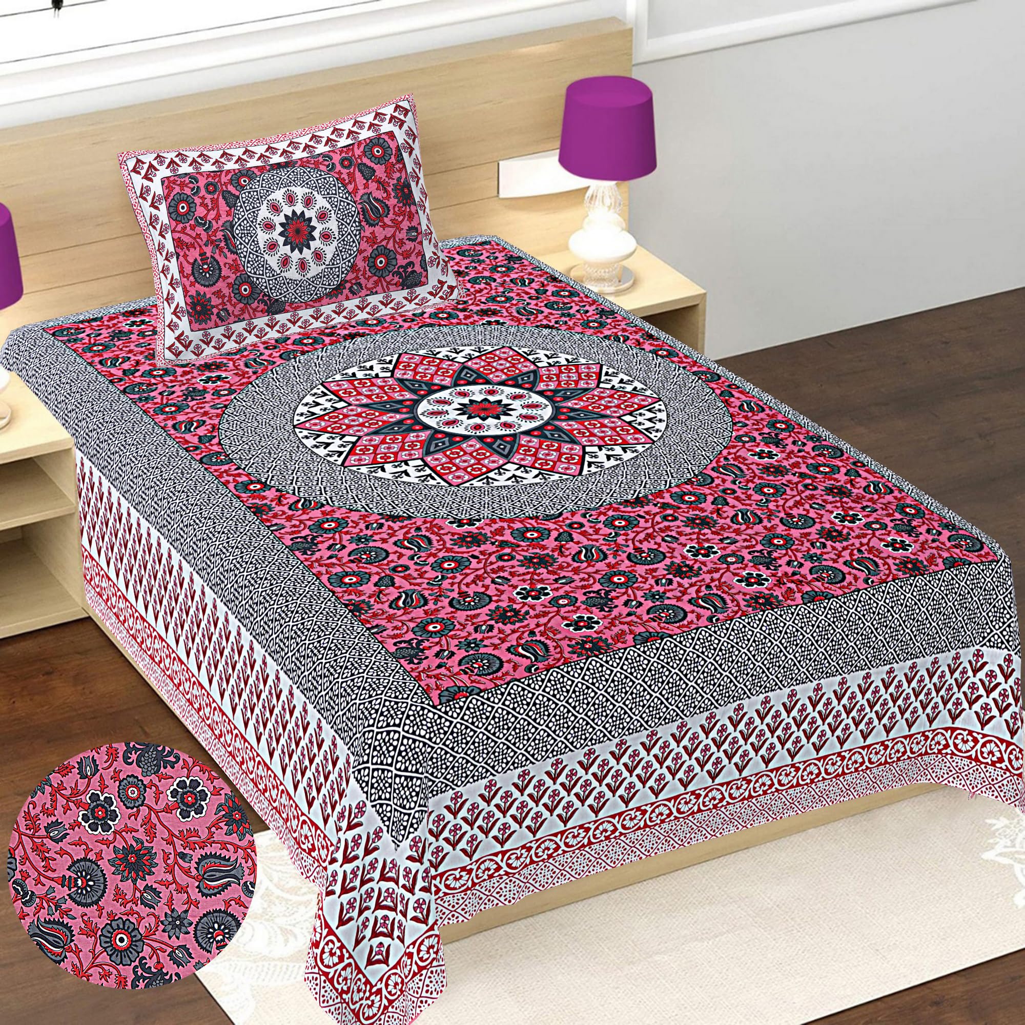 Best Sheet Jaipuri Single Bed Cotton Bedsheet with Pillow CoverRoundjaal Peach